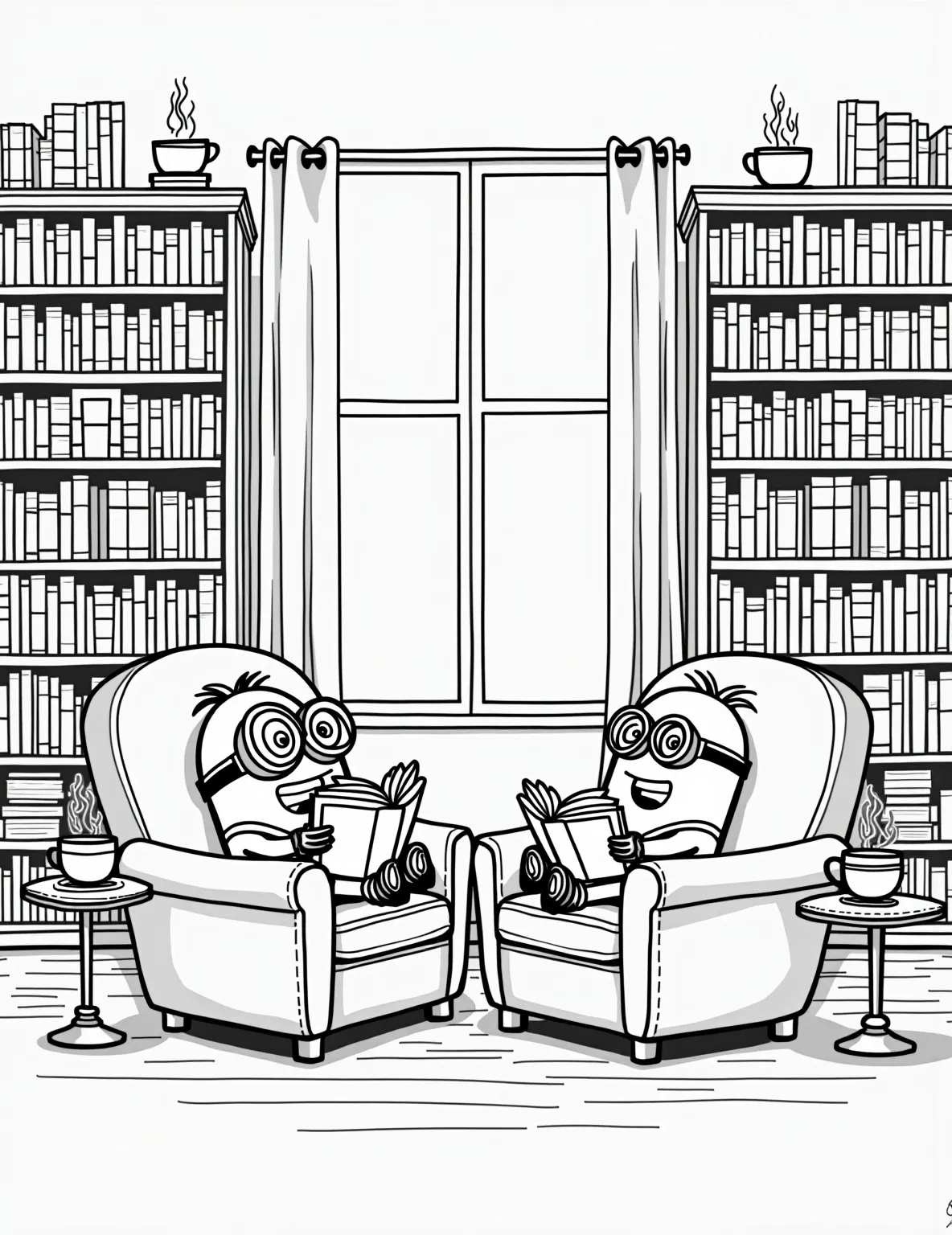 Minions' Cozy Bookstore Nook -- prompt: "black lines only Adorable Minions lounging in oversized armchairs, engrossed in giant, colorful books. Towering bookshelves frame the scene, filled with chunky, cartoon-style tomes. Steaming teacups rest on side tables. Bold outlines define each element, perfect for coloring. Cozy lighting illuminates flat black lines, premium coloring page, coloring sheet, line drawing, Coloring Book, NO COLOR, NO SHADING, WHITE BACKGROUND. NO GRAY, BLACK AND WHITE, NO COLOR" -- Curl up with this charming Minion-themed bookstore coloring page. Our yellow friends are enjoying a peaceful day among towering bookshelves, cozy reading nooks, and steaming cups of banana-flavored tea. This detailed, relaxing scene is perfect for book-loving adults seeking a calming coloring experience.