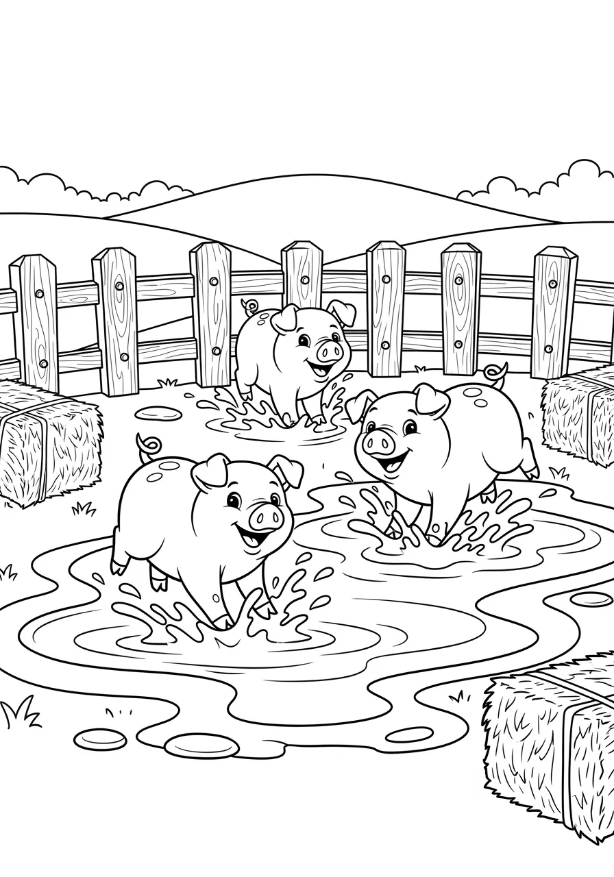 Adorable Piglets Mud Bath Fun Coloring Page -- prompt: "black lines only Three cheerful piglets splashing joyfully in a large mud puddle, farm pen setting with wooden fence posts, rolling hills background, bold black outlines, simple shapes perfect for children's coloring, playful expressions, scattered hay bales nearby flat black lines, premium coloring page, coloring sheet, line drawing, Coloring Book, NO COLOR, NO SHADING, WHITE BACKGROUND. NO GRAY, BLACK AND WHITE, NO COLOR" -- These cheerful piglets are enjoying a refreshing mud bath on a sunny farm day. Their happy expressions and playful poses capture the joy these intelligent animals find in simple pleasures. Kids will giggle while coloring these cute farm friends and learning about pig behavior.
