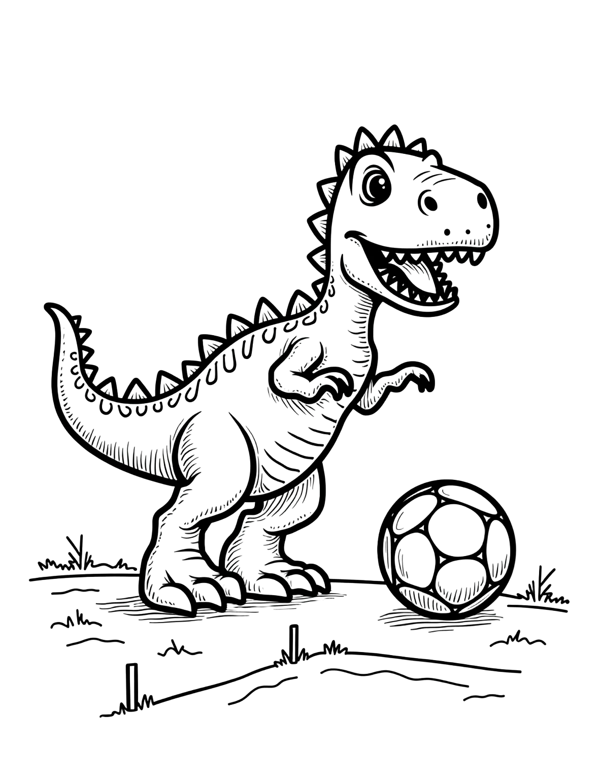 A happy dinosaur playing soccer
