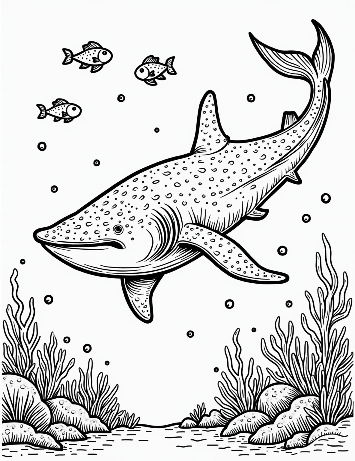 Whale Shark Gentle Giant -- prompt: "black lines only Playful coloring page featuring a gentle giant whale shark, its spotted body outlined in bold strokes. Surrounding it, swirling schools of tiny fish and plankton create intricate patterns. Ocean bubbles and coral formations frame the scene, inviting colorful creativity. Simple yet engaging underwater world flat black lines, premium coloring page, coloring sheet, line drawing, Coloring Book, NO COLOR, NO SHADING, WHITE BACKGROUND. NO GRAY, BLACK AND WHITE, NO COLOR" -- Marvel at the largest fish in the sea with this whale shark coloring page. The gentle giant is shown gliding through the water, its spotted pattern ready to be filled with colors. This page is perfect for those who appreciate the gentler side of shark species.