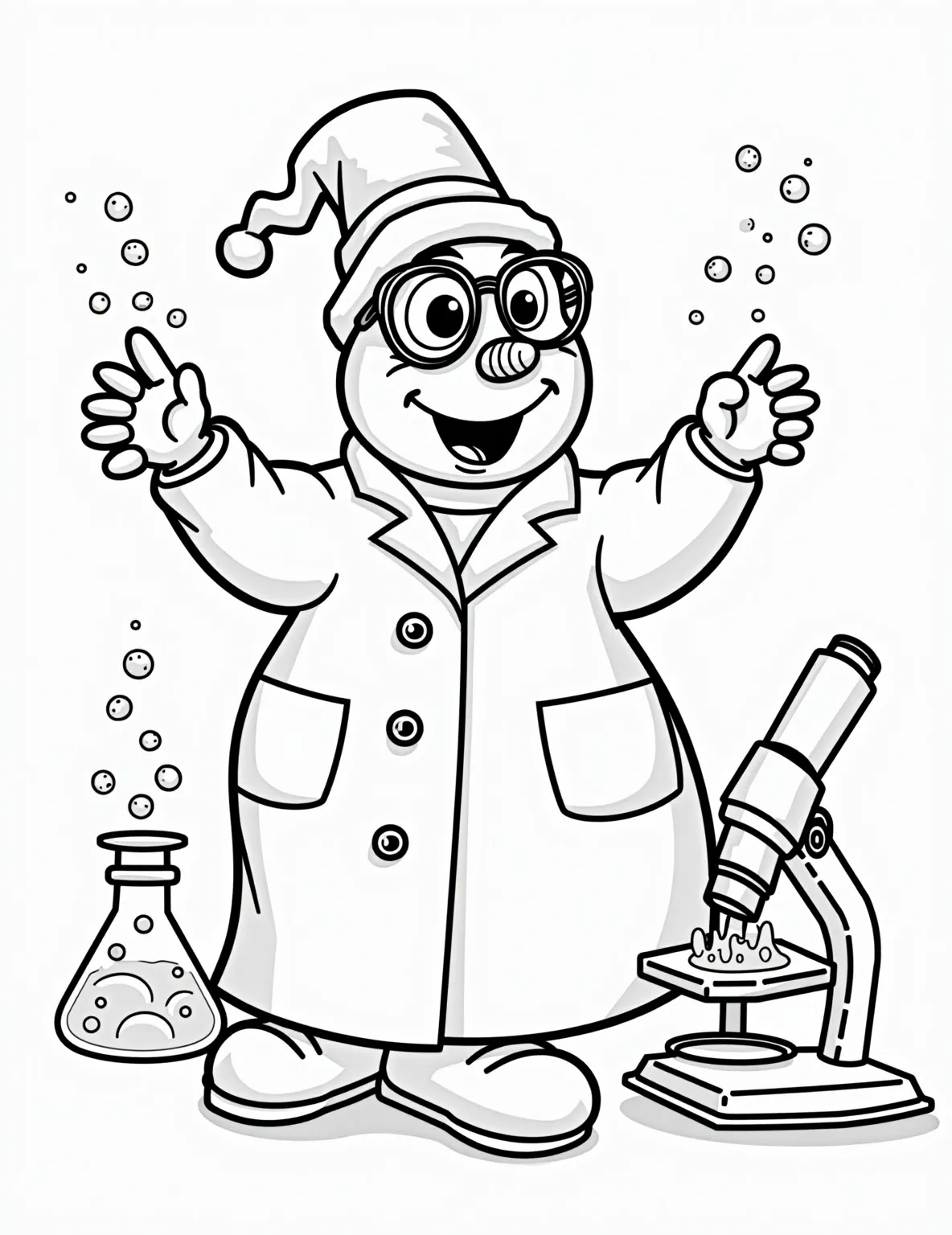 Snowman Scientist in the Lab Coloring Page -- prompt: "black lines only Jolly snowman scientist, carrot nose, coal buttons, in crisp lab coat. Oversized safety goggles, stick arms holding bubbling beakers. Surrounded by playful lab equipment, test tubes, and a giant microscope. Bold outlines, simple shapes, perfect for coloring. Evokes curiosity and wonder. flat black lines, premium coloring page, coloring sheet, line drawing, Coloring Book, NO COLOR, NO SHADING, WHITE BACKGROUND. NO GRAY, BLACK AND WHITE, NO COLOR" -- It's time for some cool experiments! This educational coloring page showcases a snowman scientist hard at work in a laboratory. With test tubes, beakers, and a lab coat, this frosty genius is making some exciting discoveries.