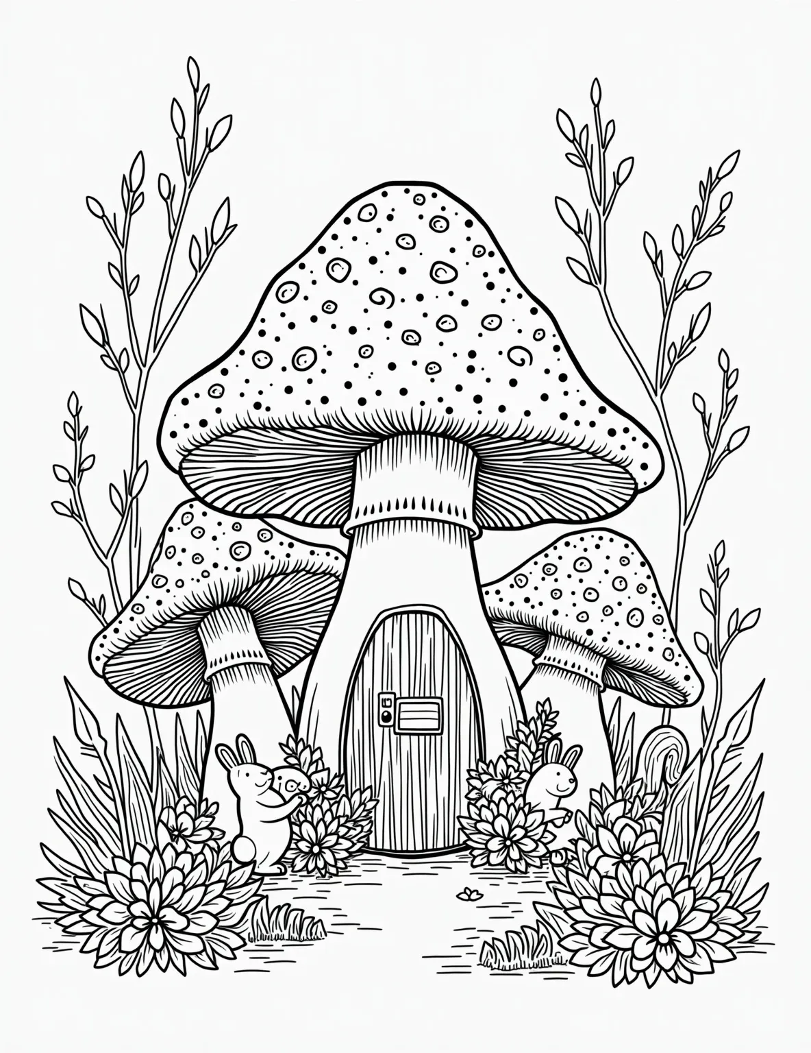 Fairy Tale Mushroom House -- prompt: "black lines only Enchanted forest clearing with giant toadstool cottage, outlined in bold black strokes. Cheerful woodland creatures peek from behind smaller mushrooms. Swirling patterns on caps, dotted gills, and curling ferns. Simple shapes perfect for coloring. Magical fairy tale scene awaits vibrant hues. flat black lines, premium coloring page, coloring sheet, line drawing, Coloring Book, NO COLOR, NO SHADING, WHITE BACKGROUND. NO GRAY, BLACK AND WHITE, NO COLOR" -- Step into a world of wonder with this enchanting mushroom house coloring page. A large, spotted mushroom cap forms the roof of a cozy woodland dwelling, complete with tiny windows and a charming front door. Surrounding the house are smaller mushrooms, ferns, and maybe even a curious forest creature peeking out.