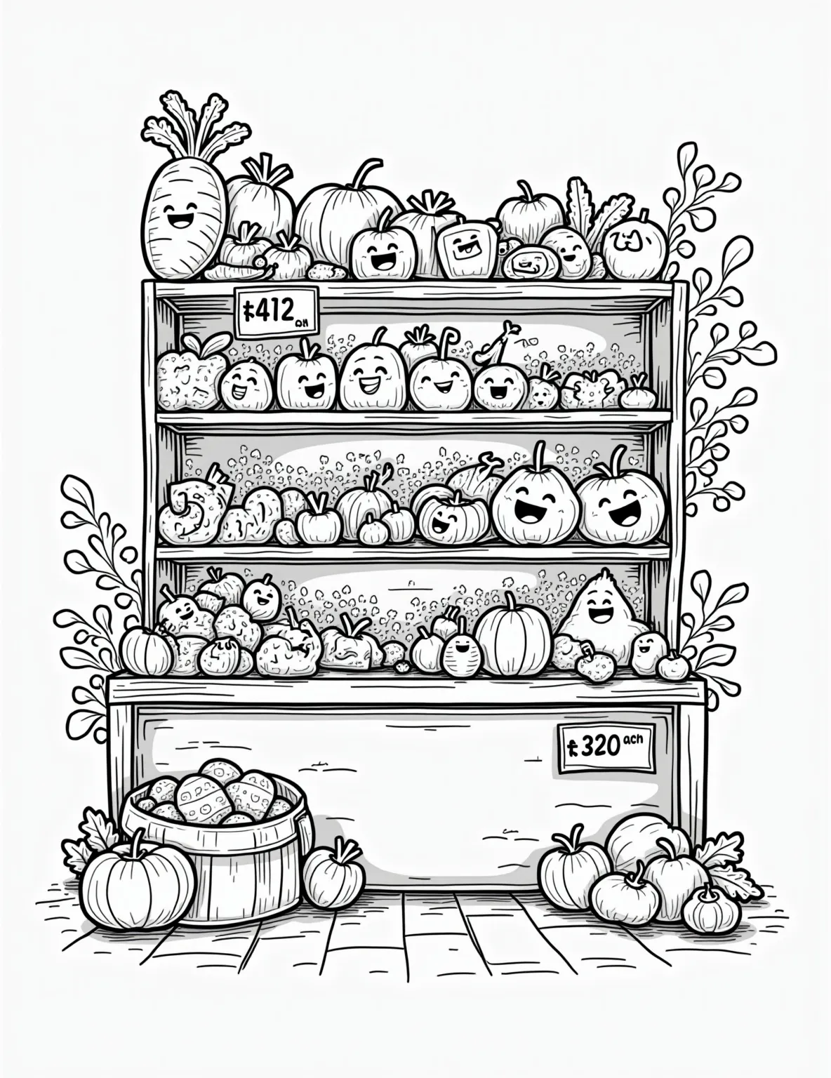 Veggie Supermarket Sweep Coloring Page -- prompt: "black lines only Vibrant supermarket produce section bursting with colorful vegetables. Shelves and bins overflow with cartoonish carrots, smiling tomatoes, and giggling peas. Playful outlines invite creativity, while hidden fruits await discovery. Cheerful signage and whimsical price tags add charm to this delightful coloring adventure. flat black lines, premium coloring page, coloring sheet, line drawing, Coloring Book, NO COLOR, NO SHADING, WHITE BACKGROUND. NO GRAY, BLACK AND WHITE, NO COLOR" -- Get ready for a healthy shopping spree with our Veggie Supermarket Sweep coloring page! This bustling scene shows a supermarket produce section filled with a variety of vegetables, from leafy greens to root veggies. It's a great way to familiarize kids with different types of vegetables while providing an engaging coloring experience.