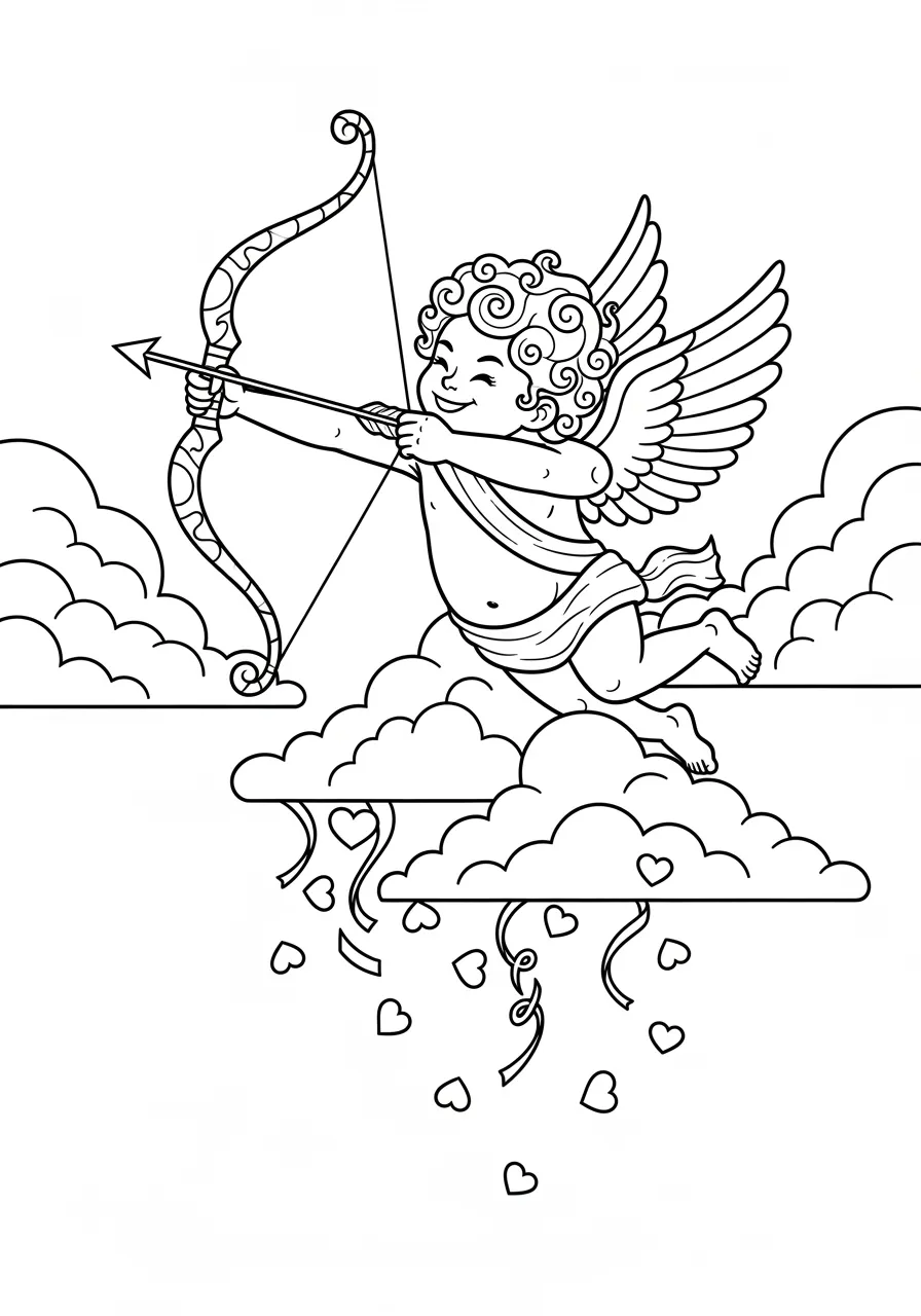 Cupid with Bow and Arrow Coloring Page -- prompt: "black lines only Cheerful Cupid with curly hair draws ornate bow, arrow aimed playfully forward, floating on puffy cartoon clouds, heart-shaped confetti cascading downward, bold black outlines, simple geometric shapes, coloring book style illustration flat black lines, premium coloring page, coloring sheet, line drawing, Coloring Book, NO COLOR, NO SHADING, WHITE BACKGROUND. NO GRAY, BLACK AND WHITE, NO COLOR" -- Classic cupid aims his golden arrow in this traditional Valentine's coloring page design. Fluffy clouds surround the cherubic figure, while heart-shaped confetti falls like snow around him. The flowing ribbons and detailed wings provide beautiful opportunities for gradient coloring and shading techniques.