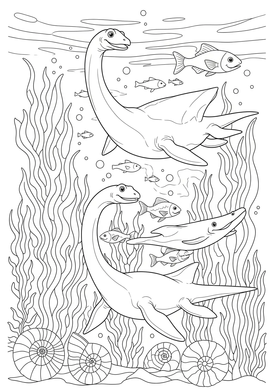 Prehistoric Underwater Scene with Marine Reptiles Coloring Page -- prompt: "black lines only Fun coloring book page featuring friendly Plesiosaurs with long necks and flippers swimming playfully through ancient ocean waters, surrounded by simple seaweed, floating ammonites, and cheerful prehistoric fish, bold black outlines ready for crayons flat black lines, premium coloring page, coloring sheet, line drawing, Coloring Book, NO COLOR, NO SHADING, WHITE BACKGROUND. NO GRAY, BLACK AND WHITE, NO COLOR" -- Dive into the ancient oceans with this spectacular underwater scene featuring various marine reptiles that lived alongside the dinosaurs. Plesiosaurs, Mosasaurs, and other sea creatures glide through the prehistoric waters in this complex and engaging design. While not technically dinosaurs, these marine reptiles shared the same time period and add diversity to any dinosaur-themed coloring collection.
