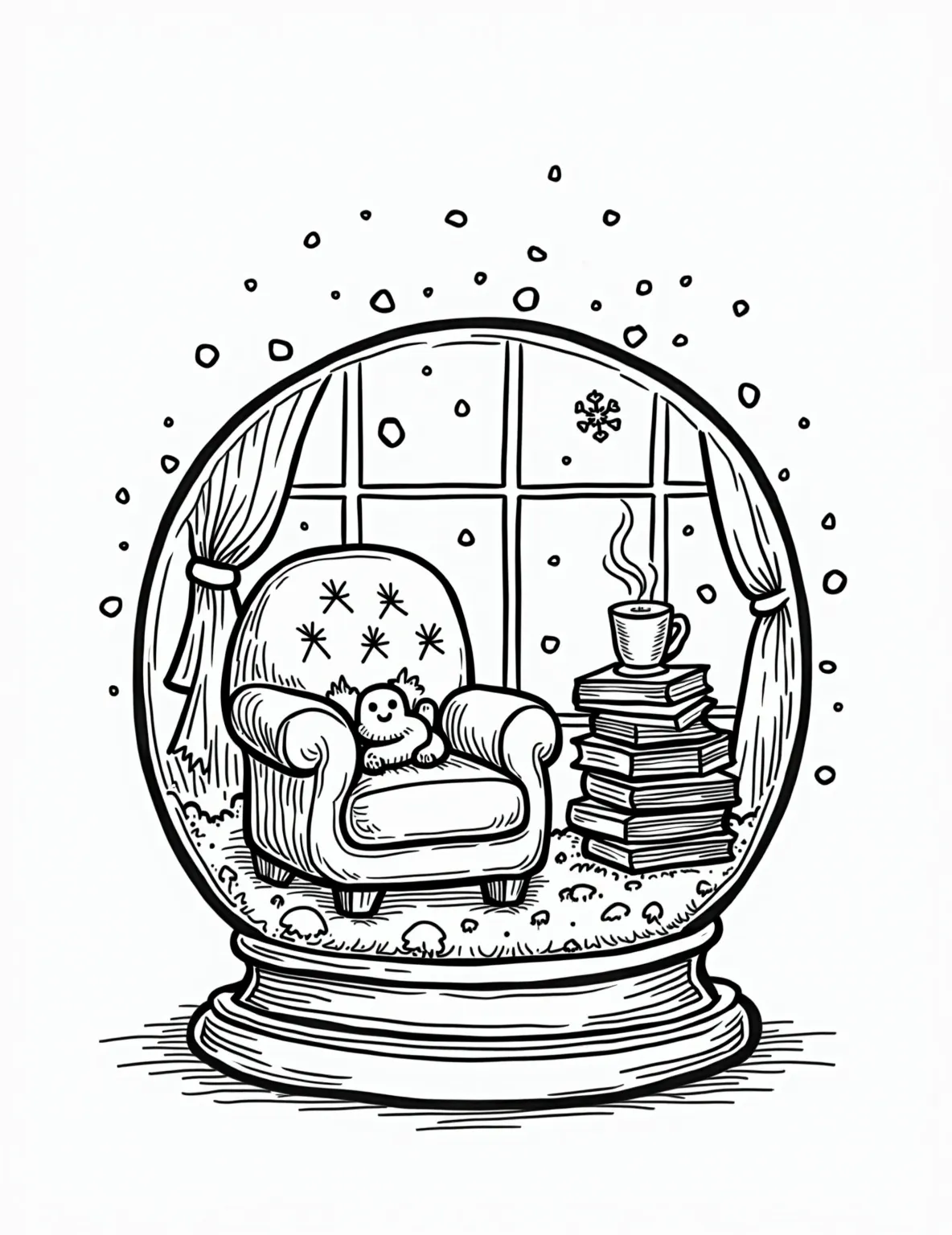 Cozy Reading Nook Snow Globe -- prompt: "black lines only Playful outlines of a snow globe encasing a cozy reading nook. Bold, simple shapes depict an oversized armchair, stacks of books, and a frosty window. Swirling snowflakes dance outside. Large, empty spaces invite coloring. Chunky lines perfect for flat black lines, premium coloring page, coloring sheet, line drawing, Coloring Book, NO COLOR, NO SHADING, WHITE BACKGROUND. NO GRAY, BLACK AND WHITE, NO COLOR" -- Snuggle up with this inviting reading nook snow globe coloring page. A plush armchair sits by a frost-etched window, piled high with blankets and books. A steaming mug of cocoa and softly falling snow outside complete this hygge-inspired scene, perfect for book lovers and comfort seekers.