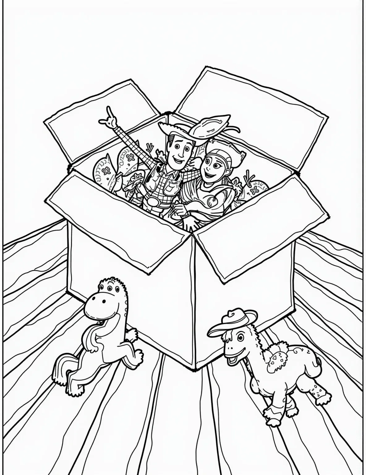 Toy Story Gang's Toy Box Party Coloring Page -- prompt: "black lines only Toy Story characters frolic inside a gigantic cardboard toy box. Bold outlines define Woody's hat, Buzz's spacesuit, Jessie's braid. Surrounding them, oversized building blocks, yo-yos, and teddy bears await coloring. Simple patterns adorn backgrounds, perfect for young artists to fill with vibrant hues. flat black lines, premium coloring page, coloring sheet, line drawing, Coloring Book, NO COLOR, NO SHADING, WHITE BACKGROUND. NO GRAY, BLACK AND WHITE, NO COLOR" -- Join all your favorite Toy Story characters in this lively and detailed coloring page that's perfect for fans of all ages! This bustling scene features Woody, Buzz, Jessie, and many more beloved toys having a grand time inside Andy's toy box. Young artists will love spotting their favorite characters, while older fans will appreciate the intricate details and Easter eggs hidden throughout the scene.