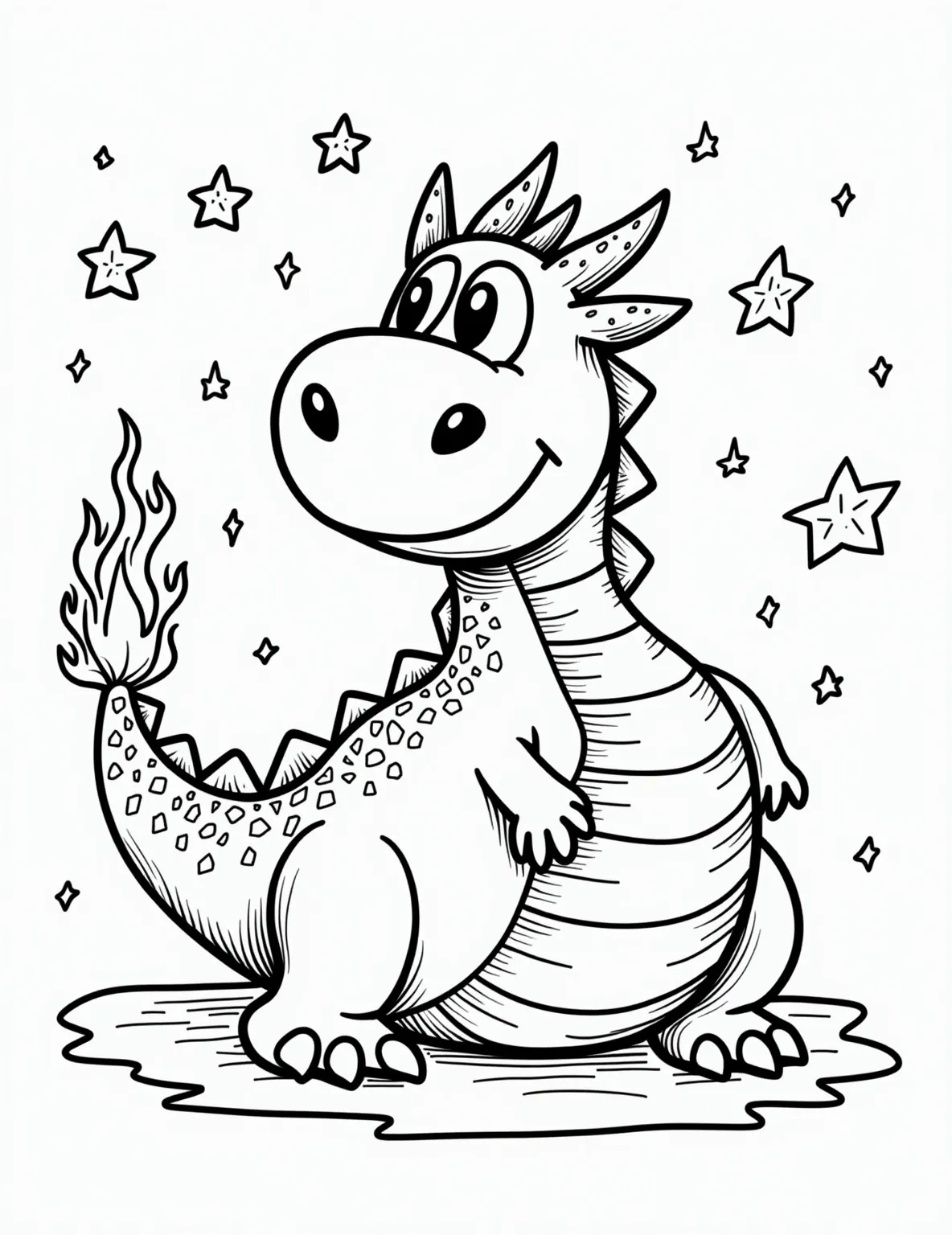 Dragon Breathing Rainbow Fire Coloring Page -- prompt: "black lines only Coloring page of a chubby, smiling dragon with big eyes. Its scales form simple, bold outlines. Rainbow fire streams from its mouth in wavy lines. Starry background with hollow star shapes. Perfect for kids to color and personalize their magical friend. flat black lines, premium coloring page, coloring sheet, line drawing, Coloring Book, NO COLOR, NO SHADING, WHITE BACKGROUND. NO GRAY, BLACK AND WHITE, NO COLOR" -- Add a splash of color with this unique dragon breathing rainbow fire coloring page. Instead of regular flames, this dragon exhales a vibrant rainbow, creating a magical and whimsical scene. This page encourages creativity and the use of a full spectrum of colors.