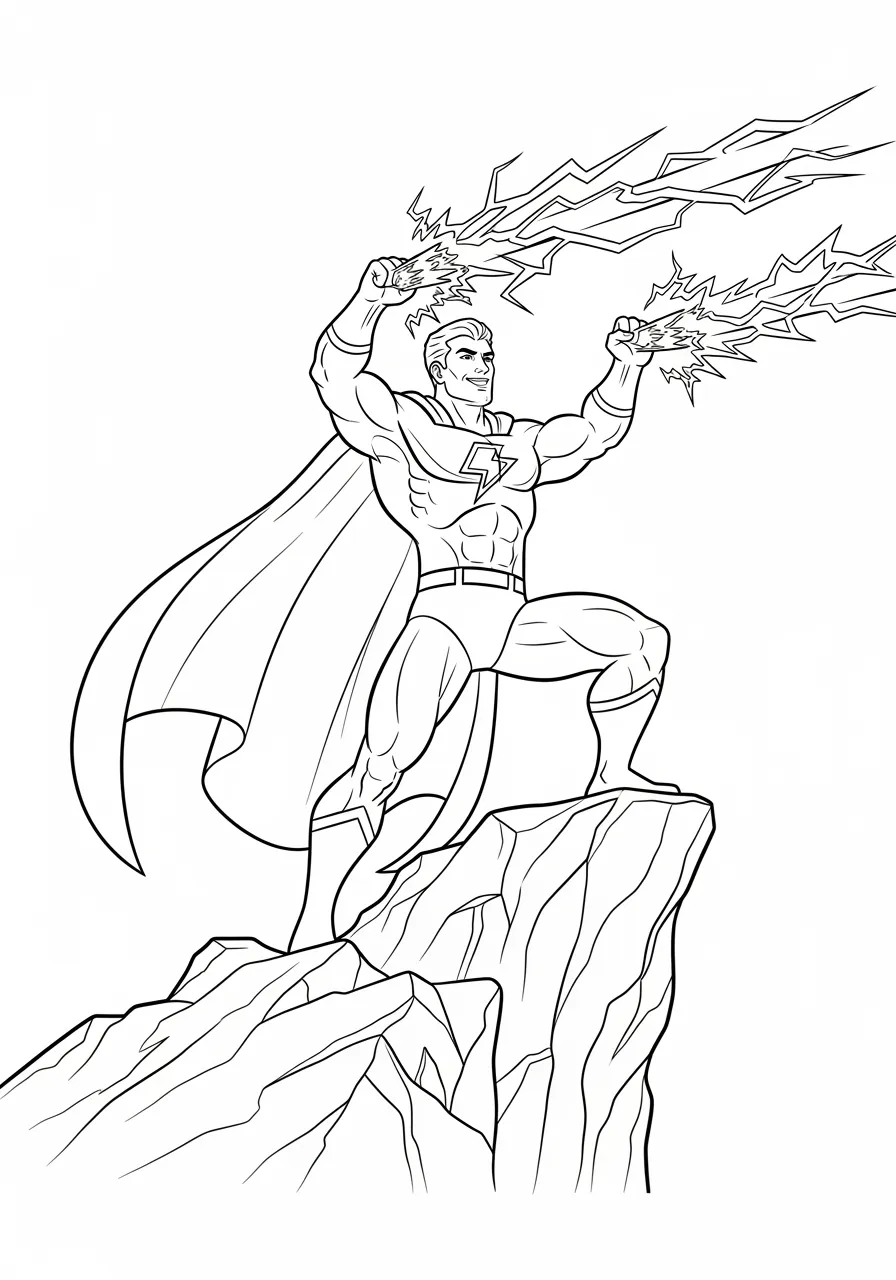 Energy Blast Hero Shooting Power Beams Coloring Page -- prompt: "black lines only Fun coloring book style superhero with cape flowing, standing heroically while shooting bold zigzag energy beams from outstretched hands, lightning bolts streaking forward, simple black outlines, cheerful expression, dynamic action pose flat black lines, premium coloring page, coloring sheet, line drawing, Coloring Book, NO COLOR, NO SHADING, WHITE BACKGROUND. NO GRAY, BLACK AND WHITE, NO COLOR" -- A powerful superhero channels energy through their hands, creating brilliant beams of light that streak across the page. The hero's concentrated stance and flowing costume add drama to this high-energy scene. The energy beams feature geometric patterns and star-burst effects that are perfect for experimenting with bright, glowing colors.