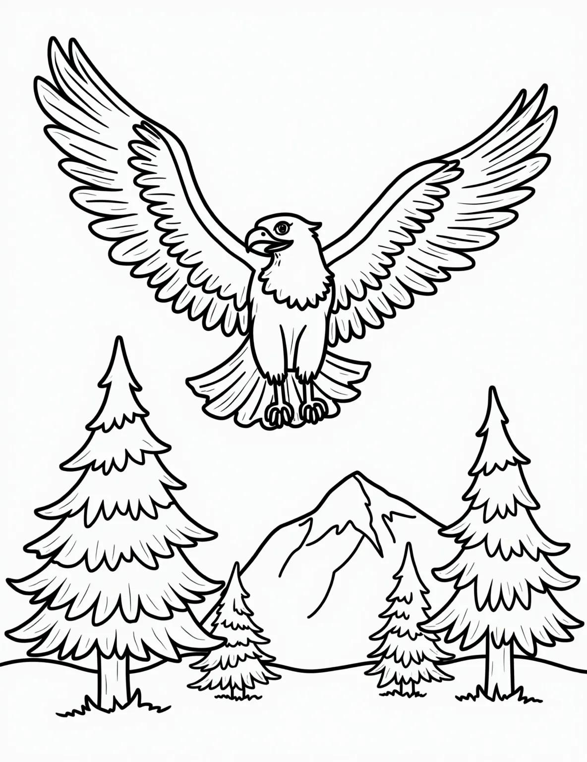 Majestic Bald Eagle Soaring Coloring Page -- prompt: "black lines only Majestic bald eagle soars over simplified mountain peaks and stylized pine forests. Bold black outlines define feathers, beak, and talons. Chunky shapes form landscape below. Playful swirls suggest wind currents. Empty spaces await vibrant colors. Patriotic symbol meets childlike wonder in coloring page design. flat black lines, premium coloring page, coloring sheet, line drawing, Coloring Book, NO COLOR, NO SHADING, WHITE BACKGROUND. NO GRAY, BLACK AND WHITE, NO COLOR" -- Soar to new heights with this powerful bald eagle coloring page. The national bird of the United States spreading its wings against a mountain backdrop symbolizes freedom and strength. Great for patriotic themes and bird enthusiasts of all ages.