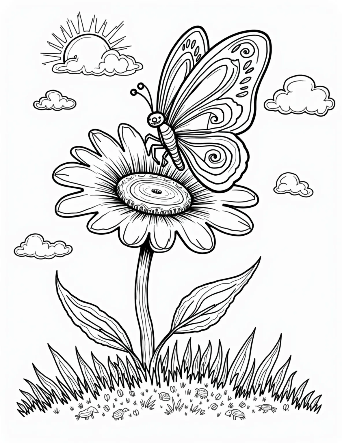 Graceful Butterfly on a Flower Coloring Page -- prompt: "black lines only Cheerful coloring page featuring a giant butterfly with bold, symmetrical wing patterns. Perched on an oversized daisy with thick petals. Garden scene includes simple outlines of smiling sun, fluffy clouds, and stylized grass. Perfect for children to color and enjoy. flat black lines, premium coloring page, coloring sheet, line drawing, Coloring Book, NO COLOR, NO SHADING, WHITE BACKGROUND. NO GRAY, BLACK AND WHITE, NO COLOR" -- Flutter into serenity with this delicate butterfly coloring page. The intricate wing patterns of the butterfly resting on a flower offer a beautiful blend of nature's designs. Ideal for those who love insects and floral coloring pages.