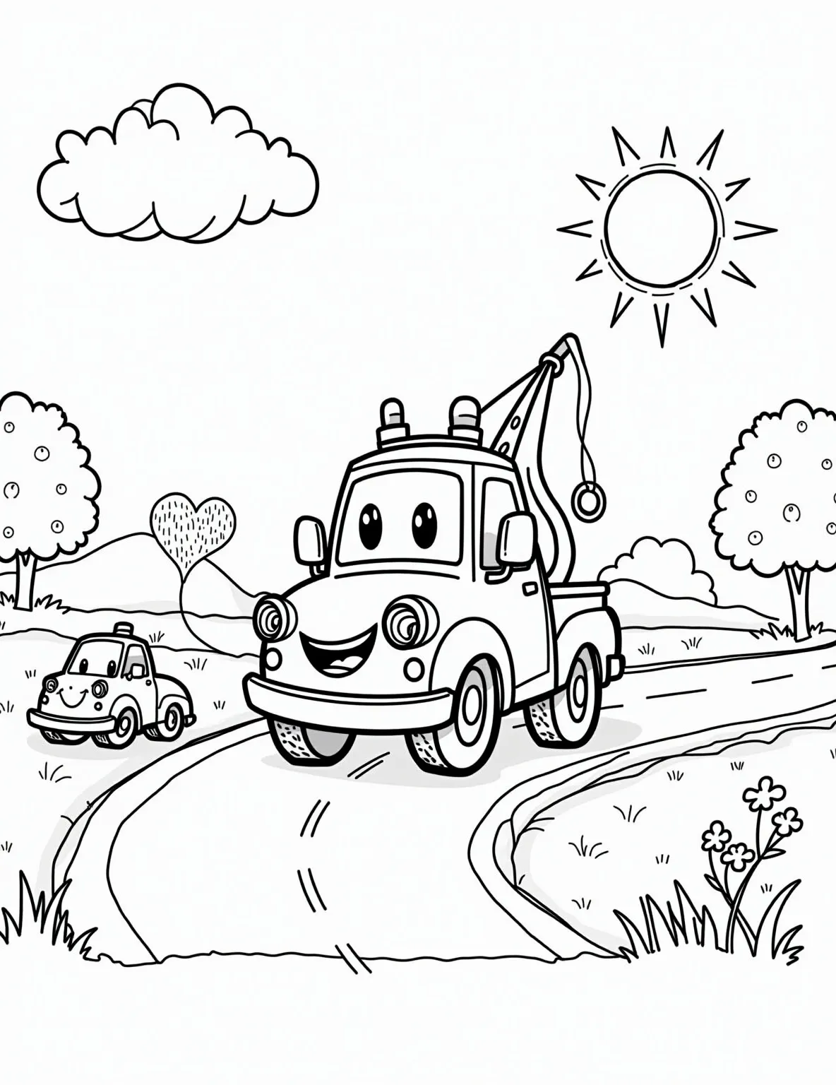 Tow Truck to the Rescue -- prompt: "black lines only Cheerful tow truck with smiley face grille rescues giggling car with flat tire. Bold outlines, simple shapes. Curvy road winds through puffy clouds. Tow cable forms heart shape. Sunshine beams down. Trees and flowers dot roadside. Coloring book style flat black lines, premium coloring page, coloring sheet, line drawing, Coloring Book, NO COLOR, NO SHADING, WHITE BACKGROUND. NO GRAY, BLACK AND WHITE, NO COLOR" -- Here comes help with this Tow Truck to the Rescue coloring page! This sturdy tow truck is shown assisting a stranded vehicle, demonstrating its important role in keeping traffic moving. It's an excellent choice for those who appreciate everyday heroes and vehicle mechanics.