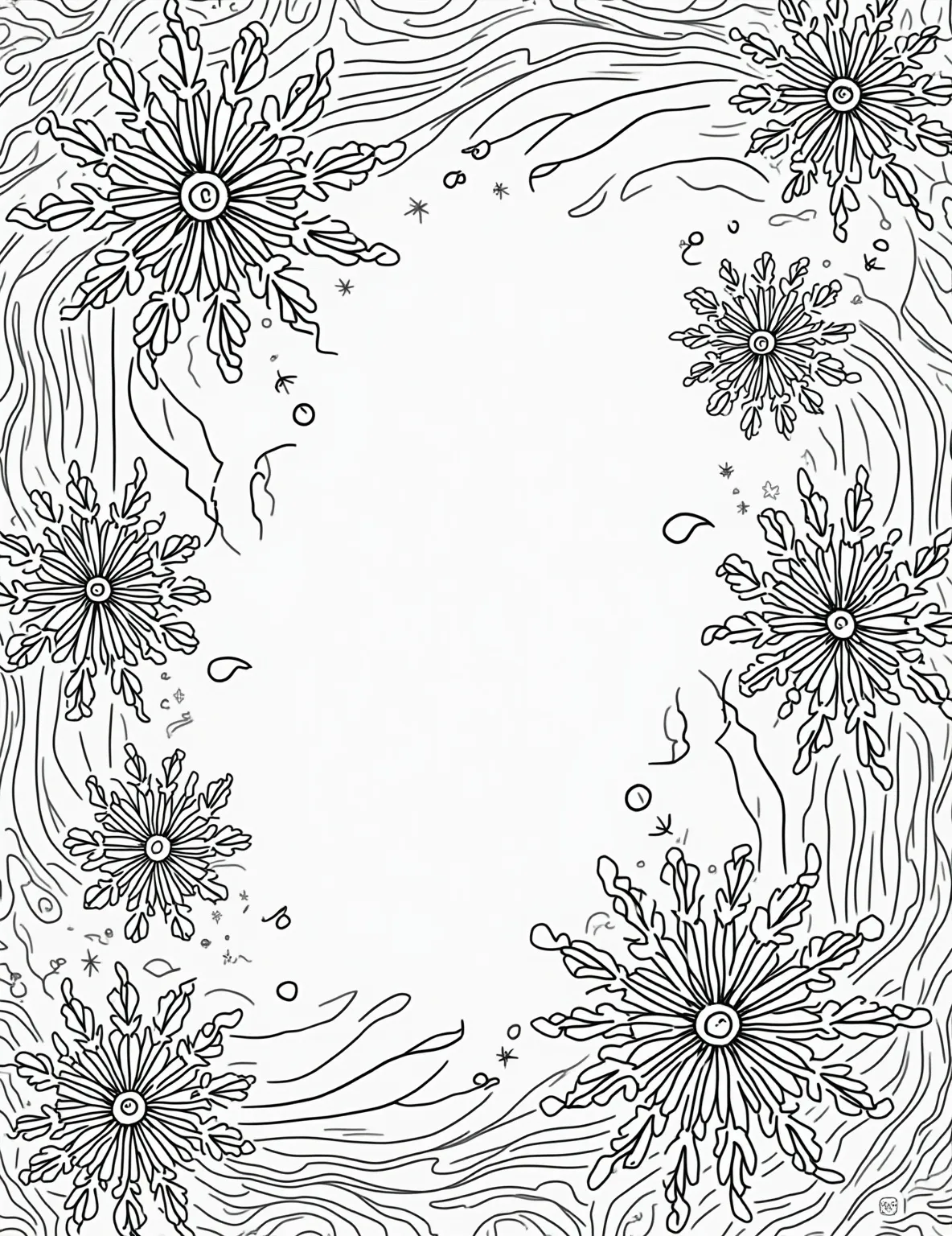 3D Snowflake Optical Illusion -- prompt: "black lines only Playful coloring page design: Oversized snowflakes with bold outlines float above a swirling background. Each flake features unique patterns inside, creating a 3D illusion. Curvy lines and dots connect flakes, inviting colorful creativity. Cheerful winter scene sparks joy and imagination. flat black lines, premium coloring page, coloring sheet, line drawing, Coloring Book, NO COLOR, NO SHADING, WHITE BACKGROUND. NO GRAY, BLACK AND WHITE, NO COLOR" -- Challenge your perception with this mind-bending 3D snowflake optical illusion. The clever use of lines and shading creates a three-dimensional effect that seems to pop off the page. It's a unique coloring experience that's sure to impress.