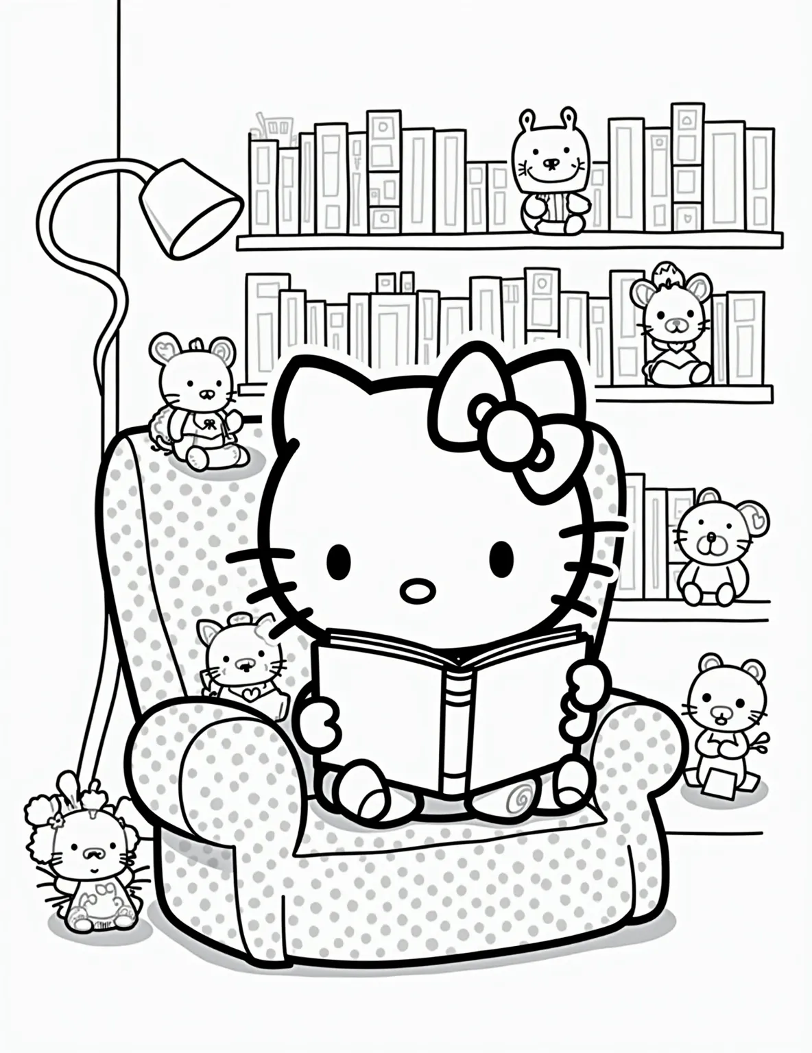 Hello Kitty's Storytime -- prompt: "black lines only Hello Kitty, outlined in bold black strokes, sits in an oversized armchair. She reads from a large storybook to wide-eyed stuffed animals. Bookshelves frame the scene, filled with simple shapes. A curvy reading lamp casts a warm glow. Empty spaces await coloring. flat black lines, premium coloring page, coloring sheet, line drawing, Coloring Book, NO COLOR, NO SHADING, WHITE BACKGROUND. NO GRAY, BLACK AND WHITE, NO COLOR" -- Gather 'round for storytime with Hello Kitty! This cozy coloring page depicts her reading a big storybook to her stuffed animal friends. She's sitting in a comfy armchair surrounded by bookshelves and a warm reading lamp. It's a perfect page for book lovers and those who enjoy quiet, imaginative moments.