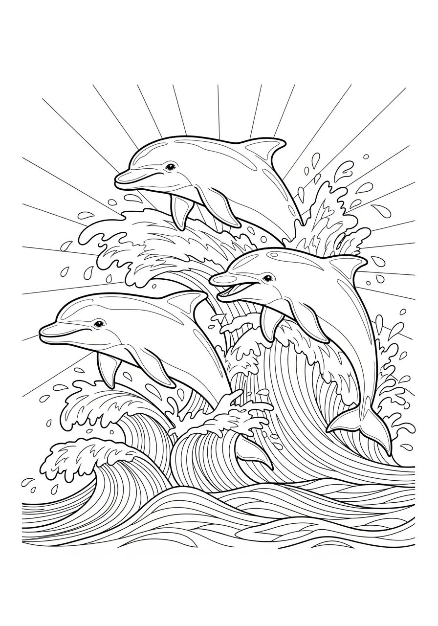 Playful Dolphin Ocean Wave Coloring Page -- prompt: "black lines only Three playful dolphins leap through ocean waves in bold black outlines, perfect for coloring. Large water splashes surround them with clear defined droplets. Simple shapes and thick lines create joyful scenes under radiating sun rays. flat black lines, premium coloring page, coloring sheet, line drawing, Coloring Book, NO COLOR, NO SHADING, WHITE BACKGROUND. NO GRAY, BLACK AND WHITE, NO COLOR" -- This dynamic scene captures three dolphins joyfully leaping through ocean waves with water droplets sparkling around them. The dolphins' sleek bodies and happy expressions convey the pure joy these intelligent mammals find in play. This page is perfect for teaching children about marine life and the importance of keeping our oceans clean and healthy.