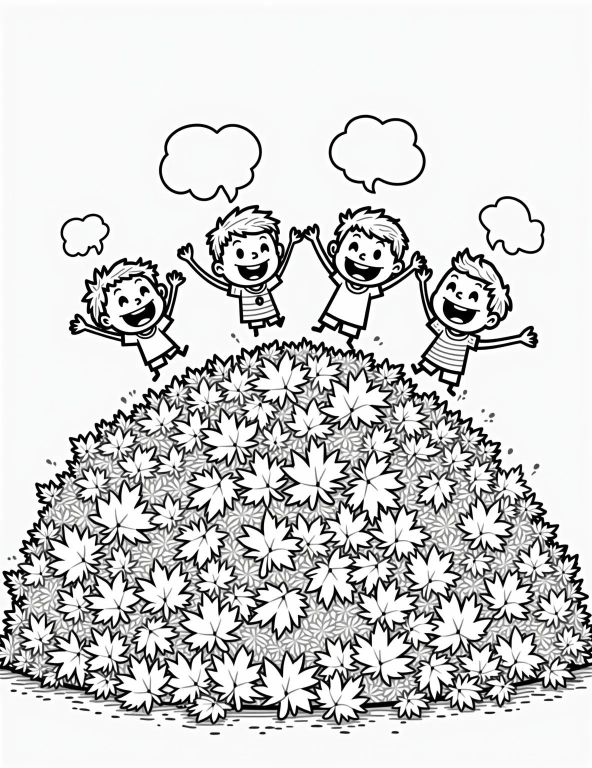 Autumn Leaf Pile Fun Coloring Page -- prompt: "black lines only Bold black outlines define cheerful children leaping into a giant leaf pile. Simplified shapes of oak, maple, and birch leaves swirl around them. Empty spaces await vibrant autumn colors. Laughing faces and outstretched arms convey pure joy in this playful scene. flat black lines, premium coloring page, coloring sheet, line drawing, Coloring Book, NO COLOR, NO SHADING, WHITE BACKGROUND. NO GRAY, BLACK AND WHITE, NO COLOR" -- Capture the joy of fall with this playful leaf pile scene. The coloring page shows children gleefully jumping into a huge pile of autumn leaves, with more leaves floating in the air. This page celebrates the simple pleasures of the season and can lead to discussions about favorite fall activities.