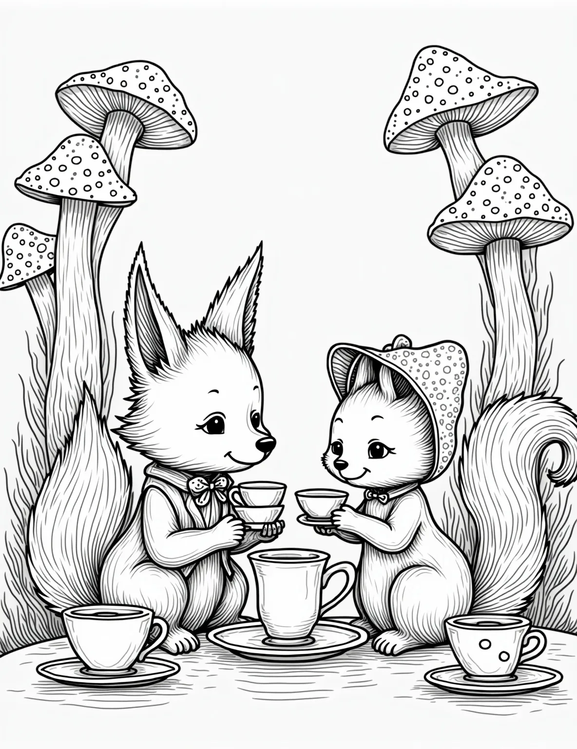 Fox and Squirrel Tea Party -- prompt: "black lines only Charming woodland tea party scene: Fox and squirrel seated at tiny table, ornate teacups in paws. Surrounding them, oversized mushrooms with polka-dot caps, swirling flower petals, and curling vines. Thick outlines perfect for coloring, with whimsical patterns on characters' fur and forest elements. flat black lines, premium coloring page, coloring sheet, line drawing, Coloring Book, NO COLOR, NO SHADING, WHITE BACKGROUND. NO GRAY, BLACK AND WHITE, NO COLOR" -- This charming coloring page depicts a fox and a squirrel having a woodland tea party. Seated at a tiny table with teacups and a teapot, the two friends are enjoying a lovely afternoon. Mushrooms and flowers surround them, adding to the fairy tale atmosphere.