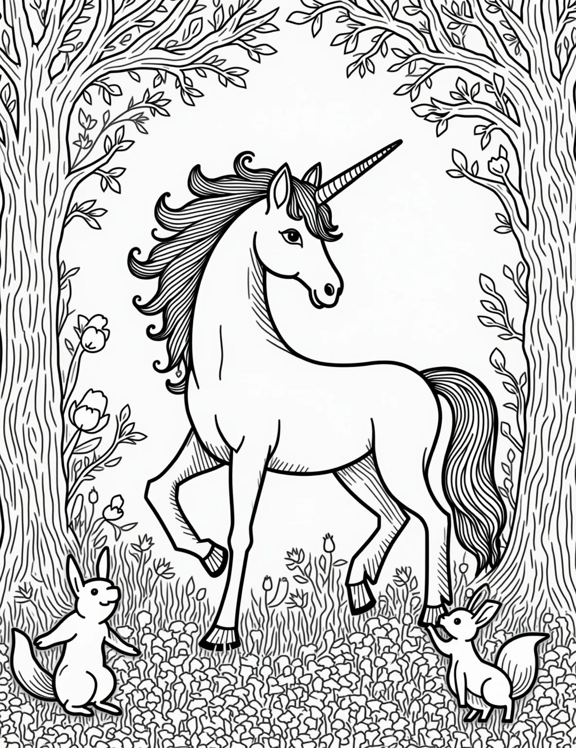 Majestic Unicorn Forest Mandala Coloring Page -- prompt: "black lines only Enchanting coloring page featuring a majestic unicorn centerpiece. Surrounded by playful forest creatures, swirling vines, and blooming flowers. Bold outlines perfect for coloring. Hidden woodland sprites and magical symbols scattered throughout. Whimsical tree branches frame the design. Fun, imaginative mandala flat black lines, premium coloring page, coloring sheet, line drawing, Coloring Book, NO COLOR, NO SHADING, WHITE BACKGROUND. NO GRAY, BLACK AND WHITE, NO COLOR" -- Immerse yourself in the tranquil beauty of this intricate unicorn forest mandala. Designed for adults seeking a meditative coloring experience, this page features a central unicorn motif surrounded by delicate forest elements arranged in a circular pattern. It's an ideal choice for stress relief and mindfulness practice through artistic expression.