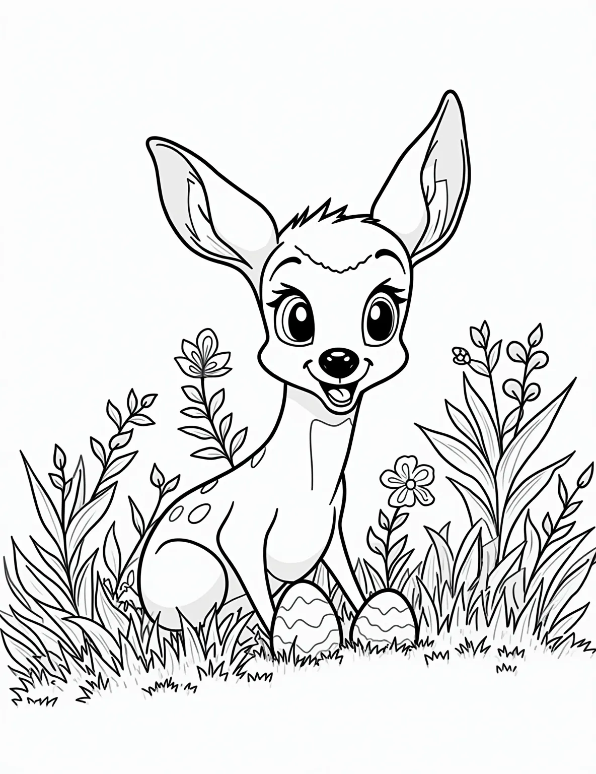 Bambi's First Easter -- prompt: "black lines only Bambi's wide-eyed wonder as he discovers pastel Easter eggs nestled among vibrant forest blooms. Nearby, Flower the skunk decorates eggs with swirling scent trails. Bold outlines define characters and flora, creating a charming scene ready for coloring. Thumper peeks from behind a tree, adding playful energy to the springtime forest tableau. flat black lines, premium coloring page, coloring sheet, line drawing, Coloring Book, NO COLOR, NO SHADING, WHITE BACKGROUND. NO GRAY, BLACK AND WHITE, NO COLOR" -- Experience the magic of Bambi's first Easter in this heartwarming coloring page. Bambi is discovering colorful Easter eggs hidden among the forest flowers. His friend Flower the skunk is nearby, adding his own special touch to the Easter celebration.