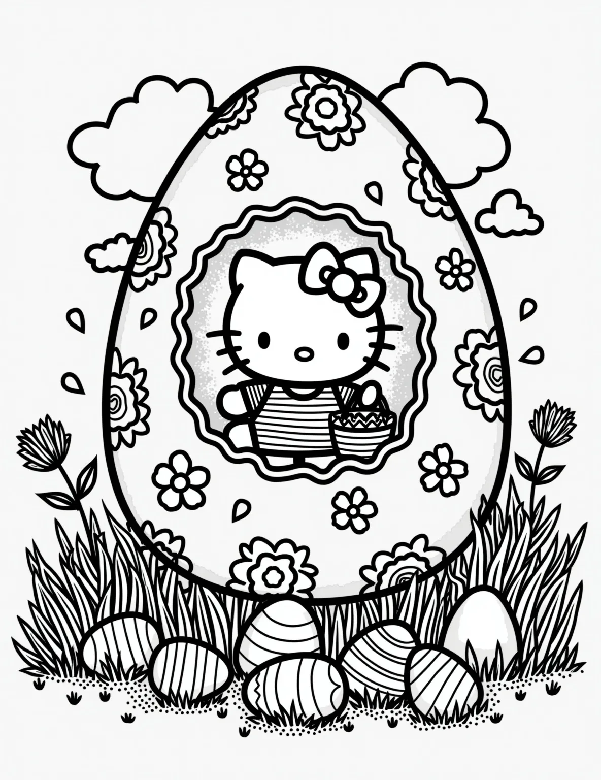 Hello Kitty's Easter Time Machine -- prompt: "black lines only Hello Kitty nestled in egg-shaped time machine, outlined boldly. Easter bunnies, baskets, and flowers from various eras surround her. Thick, simple lines perfect for coloring. Cheerful scene with hidden eggs and springtime symbols. Playful composition encourages creativity and exploration. flat black lines, premium coloring page, coloring sheet, line drawing, Coloring Book, NO COLOR, NO SHADING, WHITE BACKGROUND. NO GRAY, BLACK AND WHITE, NO COLOR" -- Embark on a time-traveling Easter adventure with Hello Kitty in this imaginative coloring page. She's piloting a whimsical time machine shaped like an Easter egg, visiting different eras to explore Easter traditions through history. The background shows a mix of past and present Easter symbols.