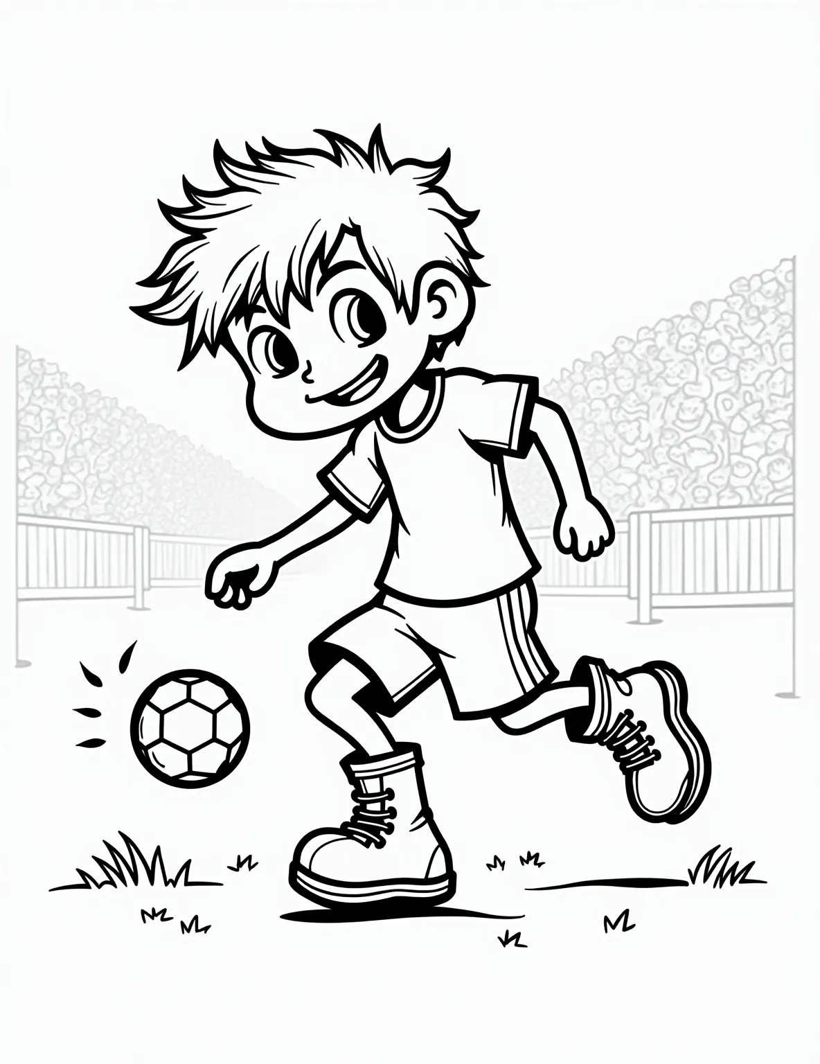 Young Soccer Player Dribbling -- prompt: "black lines only Playful coloring page design: Young child with messy hair dribbling soccer ball. Bold outlines frame concentrated expression, oversized feet, and exaggerated ball. Simplified grass blades and cheering stick-figure crowd. Dotted motion lines show ball's path. Chunky, easy-to-color shapes throughout. flat black lines, premium coloring page, coloring sheet, line drawing, Coloring Book, NO COLOR, NO SHADING, WHITE BACKGROUND. NO GRAY, BLACK AND WHITE, NO COLOR" -- This charming coloring page shows a young child dribbling a soccer ball. The child's face is full of concentration as they navigate the ball between their feet. This page is great for inspiring young soccer enthusiasts and showcasing the sport's accessibility for all ages.