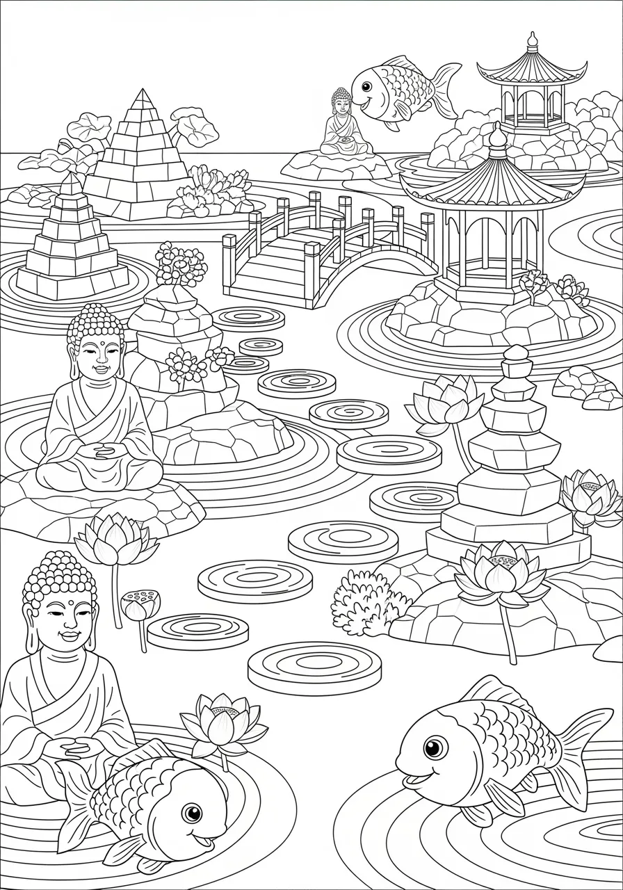 Zen Garden Geometric Harmony Coloring Page -- prompt: "black lines only Playful zen garden coloring page featuring bold outlined circular stepping stones crossing a raked sand pond, wooden plank bridges connecting islands, pyramid rock stacks, diamond meditation pavilions with curved roofs, smiling Buddha statues, blooming lotus flowers, and cheerful koi fish swimming below flat black lines, premium coloring page, coloring sheet, line drawing, Coloring Book, NO COLOR, NO SHADING, WHITE BACKGROUND. NO GRAY, BLACK AND WHITE, NO COLOR" -- Find tranquility in this peaceful zen garden where nature meets geometry. The design features carefully arranged geometric elements including circular stepping stones, rectangular zen bridges, and triangular rock formations. This meditative coloring page promotes mindfulness and relaxation for adult colorists seeking inner peace.