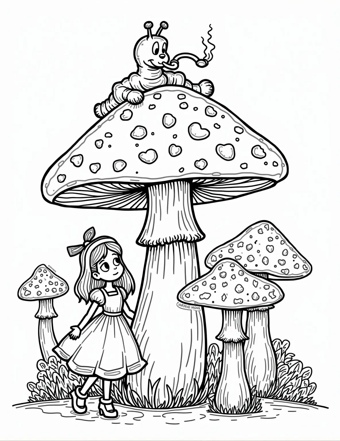 Alice in Wonderland's Mushroom Encounter -- prompt: "black lines only Alice, wide-eyed, stands beside a towering polka-dotted mushroom. Atop lounges the hookah-smoking Caterpillar, eyebrows arched. Surrounding them, a forest of smaller mushrooms with swirling patterns. Bold outlines define each element, inviting creative coloring. Wonderland's magic awaits vibrant hues. flat black lines, premium coloring page, coloring sheet, line drawing, Coloring Book, NO COLOR, NO SHADING, WHITE BACKGROUND. NO GRAY, BLACK AND WHITE, NO COLOR" -- Relive the classic tale with this Alice in Wonderland-themed coloring page. Alice stands next to a giant mushroom, looking puzzled, while the Caterpillar sits atop, smoking his hookah. Smaller mushrooms of varying sizes surround the scene, creating a surreal atmosphere.