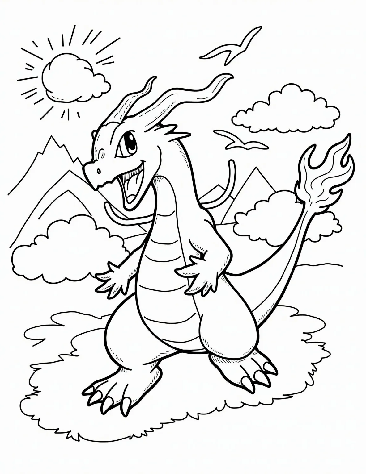 Charizard's Fiery Flight Coloring Page -- prompt: "black lines only Charizard soars through puffy clouds, wings outstretched in bold outlines. Playful flames curl from its grinning snout. Scales and claws exaggerated for easy coloring. Swooping lines suggest movement. Background features simple sun, mountains, and birds. Perfect for young artists to bring flat black lines, premium coloring page, coloring sheet, line drawing, Coloring Book, NO COLOR, NO SHADING, WHITE BACKGROUND. NO GRAY, BLACK AND WHITE, NO COLOR" -- Soar through the skies with this majestic Charizard coloring page! The mighty fire-type Pokemon is depicted in full flight, its wings spread wide and flames trailing from its mouth. This detailed design offers a thrilling challenge for more experienced colorists and die-hard Pokemon fans.