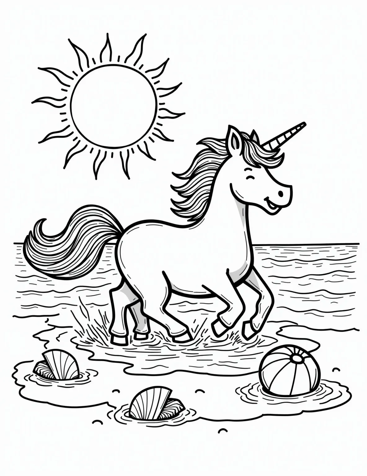 Unicorn's Seaside Adventure -- prompt: "black lines only Playful unicorn prancing on sandy beach, outlined in bold black strokes. Curvy waves, smiling sun with rays, oversized beach ball, and swirling seashells. Simple shapes perfect for coloring. Cheerful scene evokes carefree summer fun. Thick lines define each element, inviting vibrant hues. flat black lines, premium coloring page, coloring sheet, line drawing, Coloring Book, NO COLOR, NO SHADING, WHITE BACKGROUND. NO GRAY, BLACK AND WHITE, NO COLOR" -- This sunny coloring page shows a unicorn frolicking on a beach with simple wave patterns and a smiling sun. A beach ball and seashells with basic shapes add to the seaside fun. Toddlers will love bringing this summer scene to life with bright, cheerful colors.