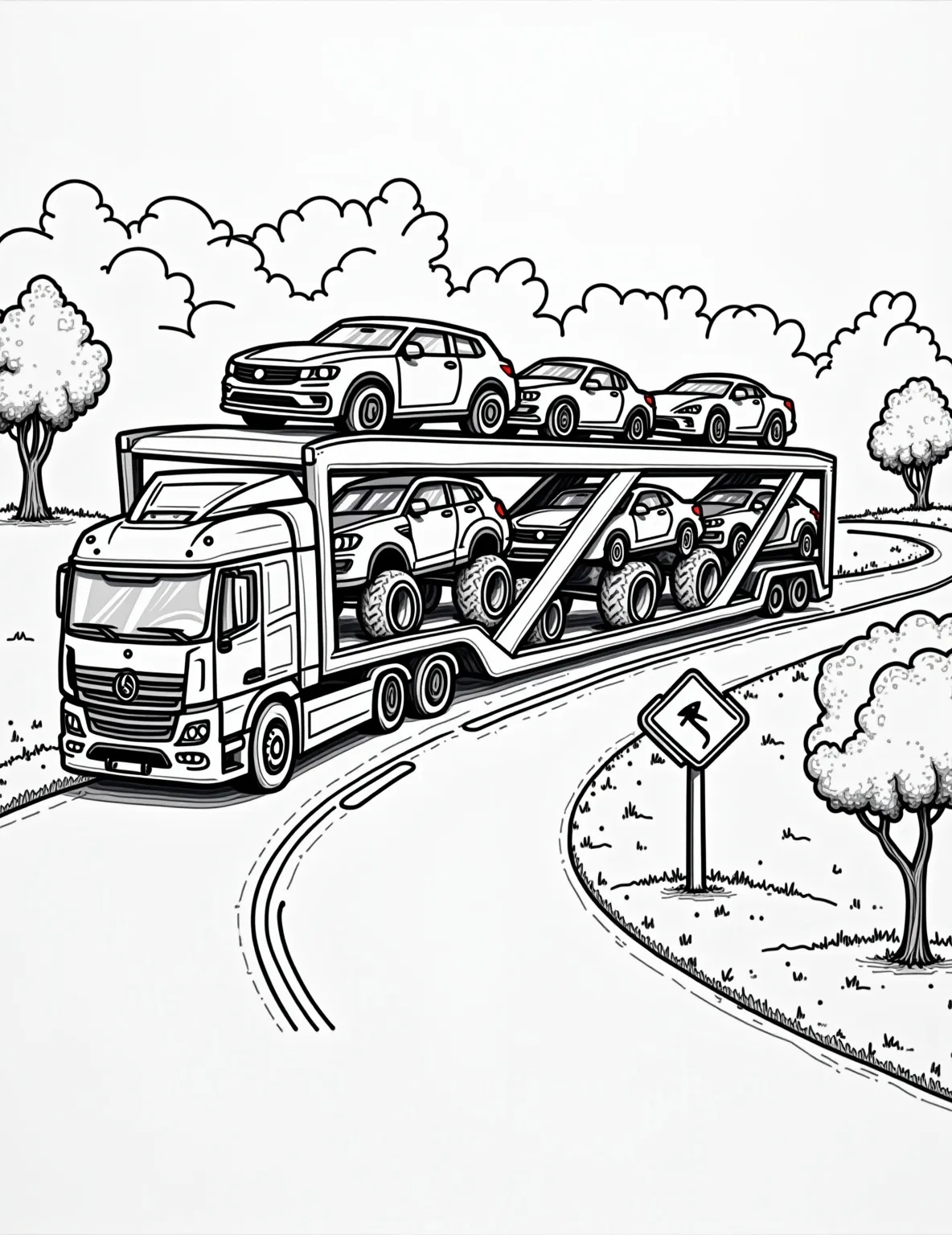 Car Carrier Truck -- prompt: "black lines only Playful coloring page featuring a hefty car carrier truck. Multi-tiered trailer packed with diverse vehicles—sporty convertibles, family sedans, rugged SUVs. Bold outlines define shapes. Highway stretches ahead, dotted with simplified trees and road signs. Clouds float above, awaiting creative coloring. Fun, engaging scene for all ages. flat black lines, premium coloring page, coloring sheet, line drawing, Coloring Book, NO COLOR, NO SHADING, WHITE BACKGROUND. NO GRAY, BLACK AND WHITE, NO COLOR" -- Load up on coloring fun with this Car Carrier Truck page! This impressive vehicle is shown transporting multiple cars on its multi-level trailer. It's perfect for those fascinated by the logistics of auto transportation and fans of both trucks and cars.