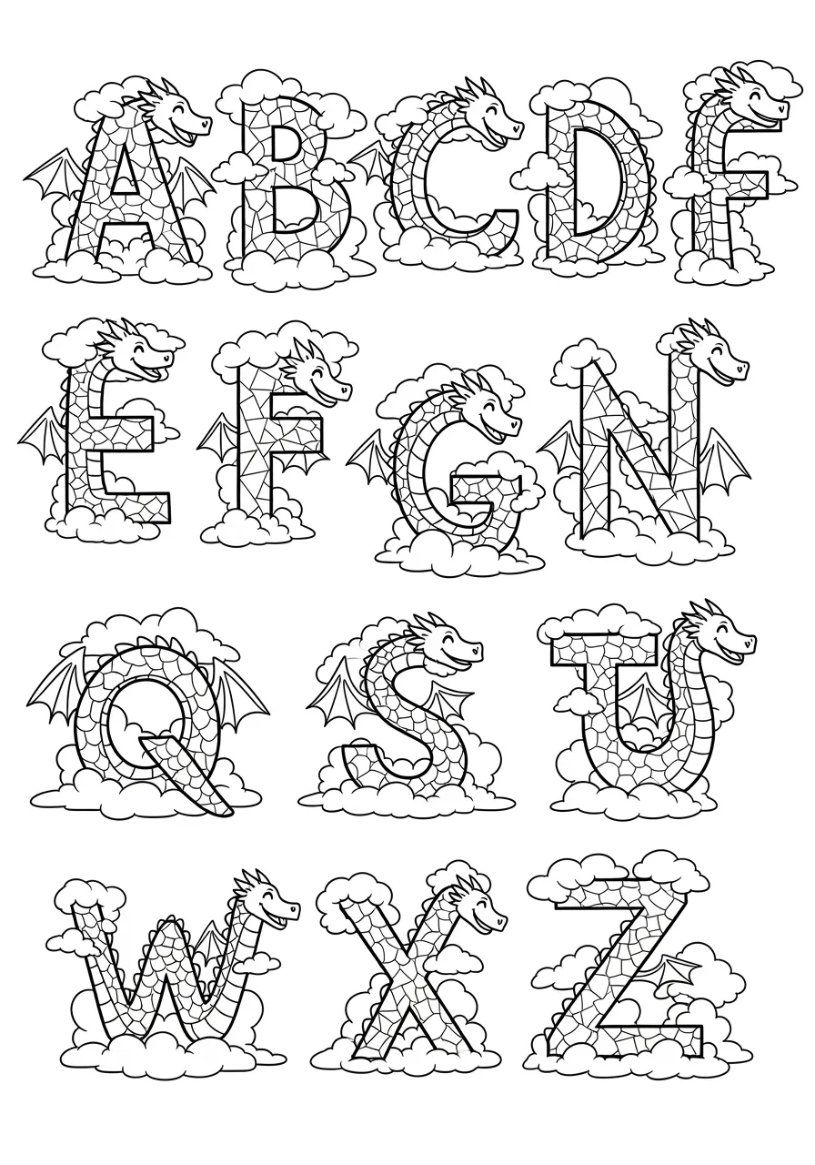 Rainbow Dragon's Alphabet Flight Coloring Page -- prompt: "black lines only Cheerful cartoon dragons with rainbow-striped scales twist their serpentine bodies into alphabet letters, floating through puffy cumulus clouds, bold black outlines, simple geometric patterns on wings, smiling expressions, clean line art perfect for children's coloring book pages flat black lines, premium coloring page, coloring sheet, line drawing, Coloring Book, NO COLOR, NO SHADING, WHITE BACKGROUND. NO GRAY, BLACK AND WHITE, NO COLOR" -- Soar through the clouds with friendly dragons whose colorful bodies twist and curve to form each letter of the alphabet! These magical creatures breathe rainbow fire and sport jeweled scales as they dance through a fantasy sky. This imaginative coloring page combines the wonder of dragons with alphabet learning, perfect for young fantasy enthusiasts and dragon lovers.