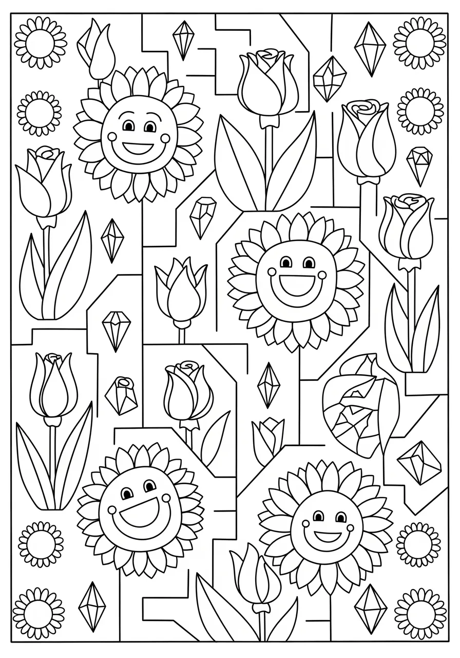 Geometric Garden Paradise Coloring Page -- prompt: "black lines only Cheerful geometric garden bursting with hexagonal sunflowers, triangular tulip leaves, diamond rose buds, and circular daisy centers arranged in playful rows, thick black outlines perfect for crayons, creating joyful botanical wonderland for children's coloring adventures flat black lines, premium coloring page, coloring sheet, line drawing, Coloring Book, NO COLOR, NO SHADING, WHITE BACKGROUND. NO GRAY, BLACK AND WHITE, NO COLOR" -- Step into a whimsical garden where flowers bloom in perfect geometric forms. This sophisticated design features hexagonal flower petals, triangular leaves, and circular centers creating a unique botanical scene. The intricate patterns make it ideal for adult colorists seeking a challenging and rewarding experience.