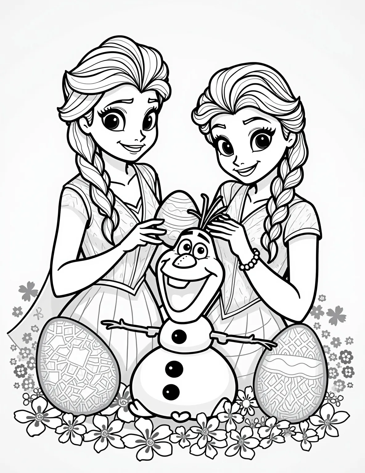 Elsa and Anna's Frozen Easter Egg Decorating -- prompt: "black lines only Cheerful Easter scene: Elsa swirls frosty patterns on eggs, Anna adds vibrant brushstrokes. Olaf balances an egg sporting his signature carrot nose. Bold outlines define characters and objects. Snowflakes, flowers, and Easter symbols fill negative spaces. Playful expressions invite coloring enthusiasts to bring flat black lines, premium coloring page, coloring sheet, line drawing, Coloring Book, NO COLOR, NO SHADING, WHITE BACKGROUND. NO GRAY, BLACK AND WHITE, NO COLOR" -- The Frozen sisters bring their magical touch to Easter in this delightful coloring page. Elsa is using her ice powers to create intricate patterns on Easter eggs, while Anna adds colorful paint. Olaf watches in awe, holding a carrot-nosed egg.