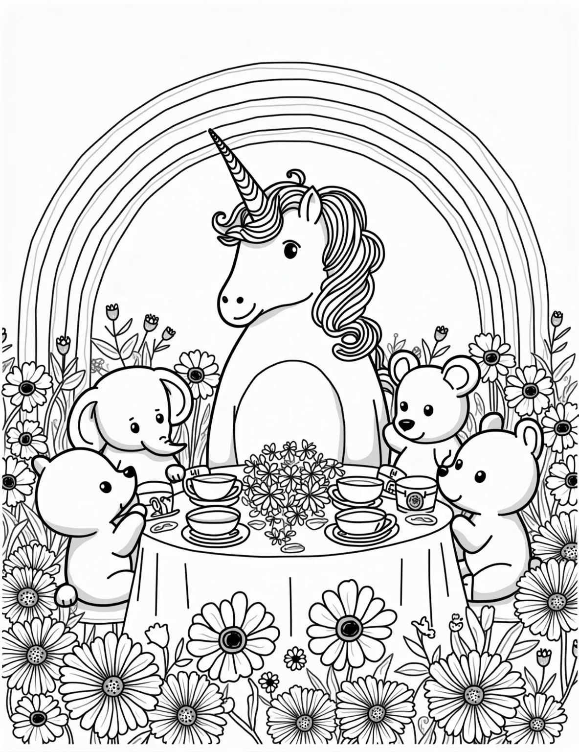 Buttercup the Unicorn's Magical Tea Party Coloring Page -- prompt: "black lines only Buttercup, a plump unicorn with swirling mane, hosts a tea party. Stuffed elephants, bears, and rabbits sit around a flowery table. Bold outlines define each element. Daisies, tulips, and sunflowers frame the scene. A chunky rainbow arches overhead. Simple shapes and patterns fill flat black lines, premium coloring page, coloring sheet, line drawing, Coloring Book, NO COLOR, NO SHADING, WHITE BACKGROUND. NO GRAY, BLACK AND WHITE, NO COLOR" -- Enter a world of whimsy with Buttercup the Unicorn in this enchanting coloring page perfect for young Toy Story fans. This charming scene features the sassy stuffed unicorn hosting a magical tea party with some of his toy friends. Children will delight in adding vibrant colors to Buttercup's flowing mane and the dainty tea set, creating their own magical masterpiece.