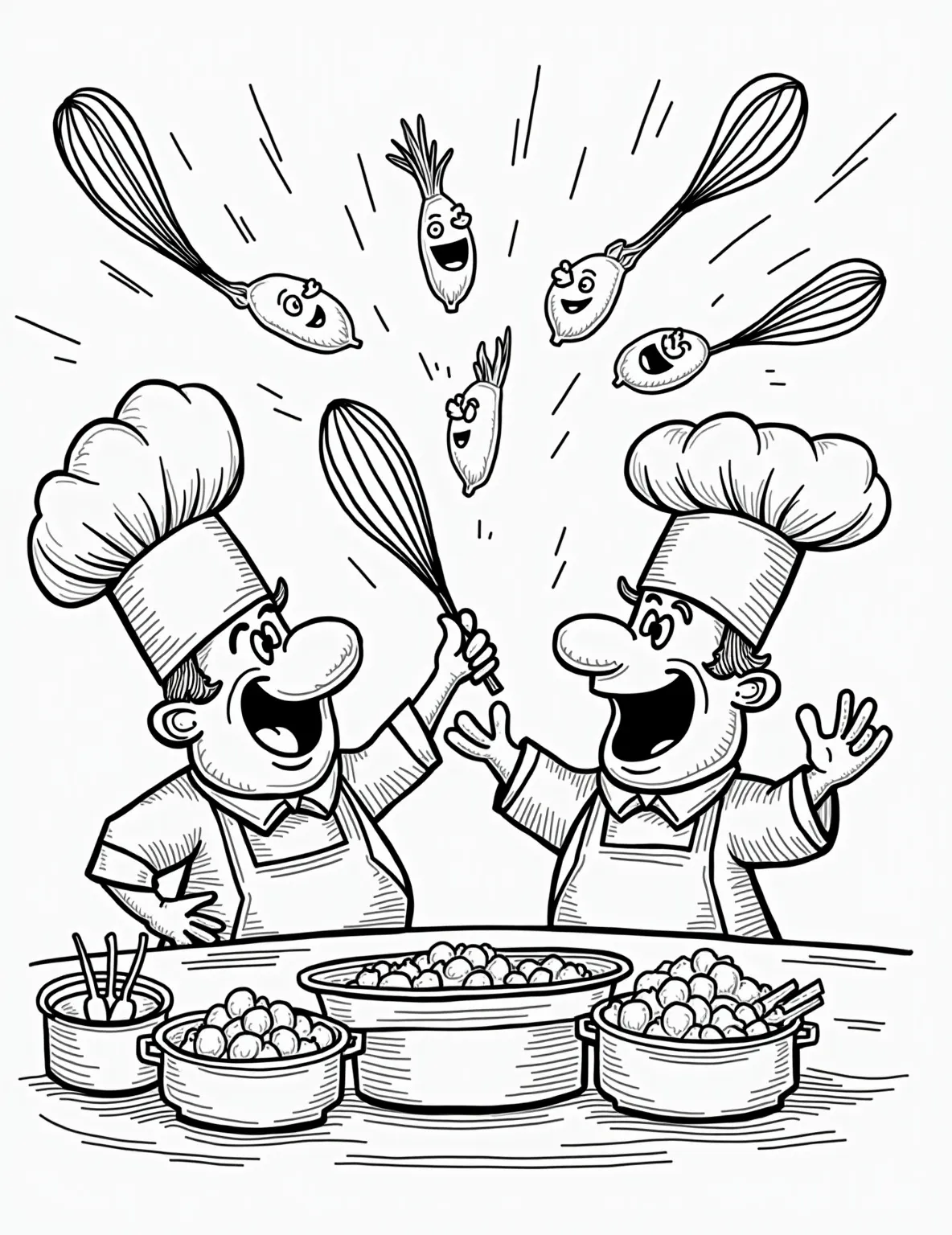 Cooking Show Showdown Coloring Page -- prompt: "black lines only Lively TV studio kitchen bustles with two animated chefs. Oversized utensils, comical ingredients, and exaggerated facial expressions dominate. Bold outlines define each element, from steaming pots to flying vegetables. Judges' panel observes with cartoonish surprise. Kitchen chaos unfolds in playful, easy-to-color scenes. flat black lines, premium coloring page, coloring sheet, line drawing, Coloring Book, NO COLOR, NO SHADING, WHITE BACKGROUND. NO GRAY, BLACK AND WHITE, NO COLOR" -- Lights, camera, cook! Our Cooking Show Showdown coloring page brings the excitement of a culinary competition to life. Two chefs face off in a kitchen studio, surrounded by ingredients and cooking equipment. It's perfect for aspiring young chefs and cooking show fans.