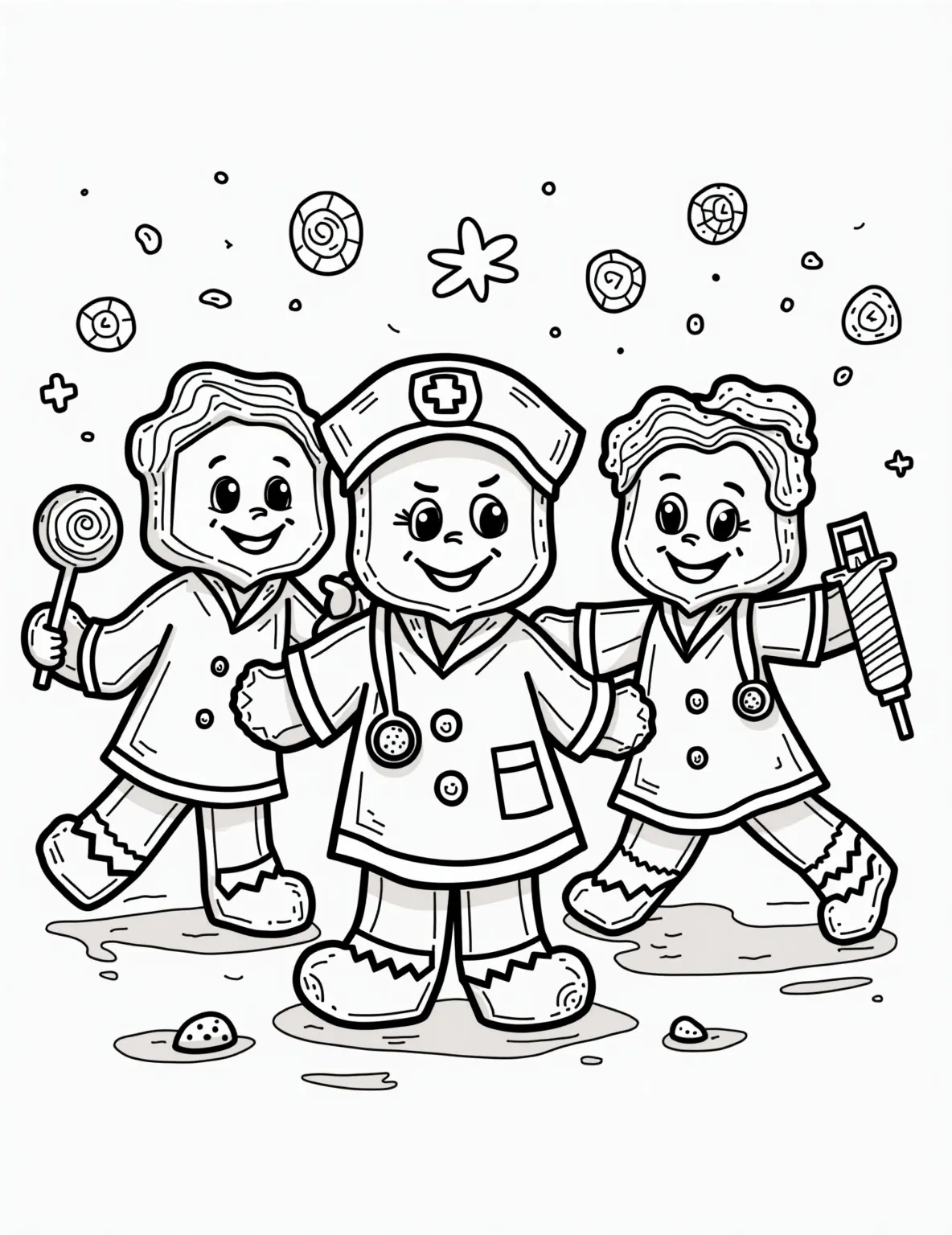 Gingerbread Doctor and Nurse Helpers Coloring Page -- prompt: "black lines only Cheerful gingerbread doctors and nurses in a candy hospital. Bold outlines, simple shapes. Lollipop stethoscopes, gumdrop pills, candy cane crutches. Smiling faces, big buttons. Playful medical scenes with syringes, beds, and x-rays. Perfect for coloring fun. Sweet and caring atmosphere. flat black lines, premium coloring page, coloring sheet, line drawing, Coloring Book, NO COLOR, NO SHADING, WHITE BACKGROUND. NO GRAY, BLACK AND WHITE, NO COLOR" -- This caring coloring page depicts gingerbread men and women as doctors and nurses. They're shown in a hospital setting with medical equipment. It's a great page for discussing healthcare professions and showing appreciation for medical workers.