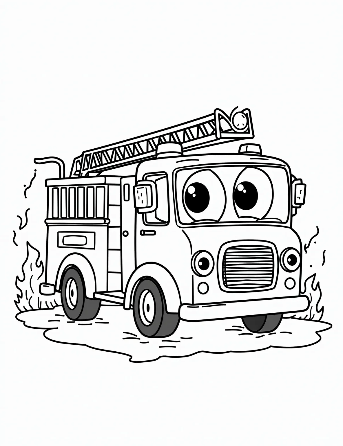 Friendly Fire Engine -- prompt: "black lines only Cheerful fire engine with expressive eyes and smile, bold outlines perfect for coloring. Sturdy ladder reaches skyward, curvy hose ready for action. Fire station backdrop with simple shapes and patterns. Playful flames dance around scene edges, inviting young artists to bring vibrant life to this rescue-ready scene. flat black lines, premium coloring page, coloring sheet, line drawing, Coloring Book, NO COLOR, NO SHADING, WHITE BACKGROUND. NO GRAY, BLACK AND WHITE, NO COLOR" -- Meet the Friendly Fire Engine in this charming coloring page! This smiling truck is equipped with a ladder, hose, and all the necessary firefighting gear. It's a great way to teach children about community helpers while providing a fun coloring experience.