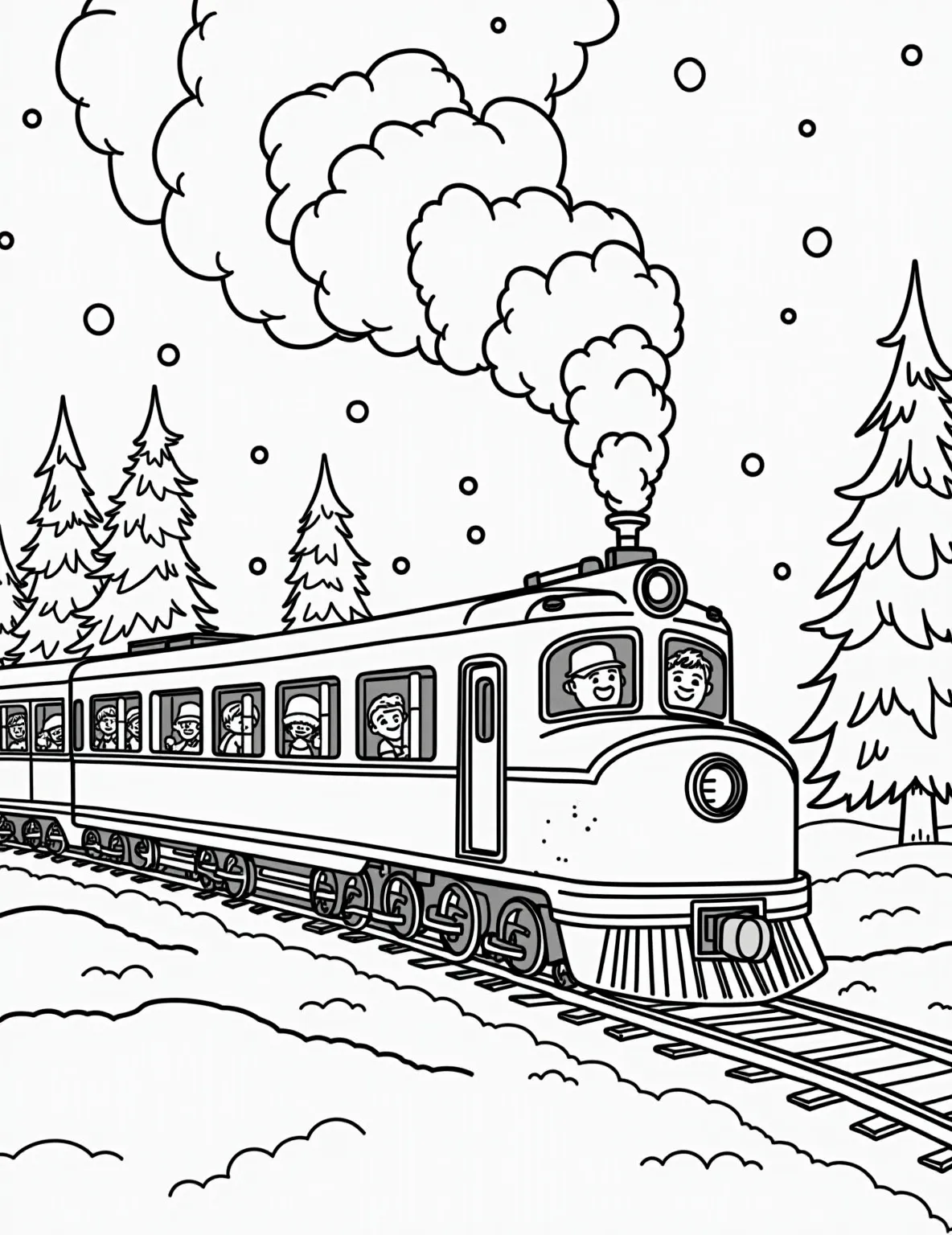 Polar Express Adventure Coloring Page -- prompt: "black lines only Polar Express chugs through swirling snowflakes, bold black outlines define train's shape. Simplified windows reveal excited children's faces. Stylized pine trees dot landscape. Thick, wavy smoke billows from engine. Large, empty spaces invite coloring. Chunky snowdrifts frame scene. Conductor waves from caboose. flat black lines, premium coloring page, coloring sheet, line drawing, Coloring Book, NO COLOR, NO SHADING, WHITE BACKGROUND. NO GRAY, BLACK AND WHITE, NO COLOR" -- All aboard the Polar Express with this exciting coloring page! The scene shows the magical train chugging through a snowy landscape, filled with excited children on their way to the North Pole. It's perfect for fans of this beloved Christmas story.