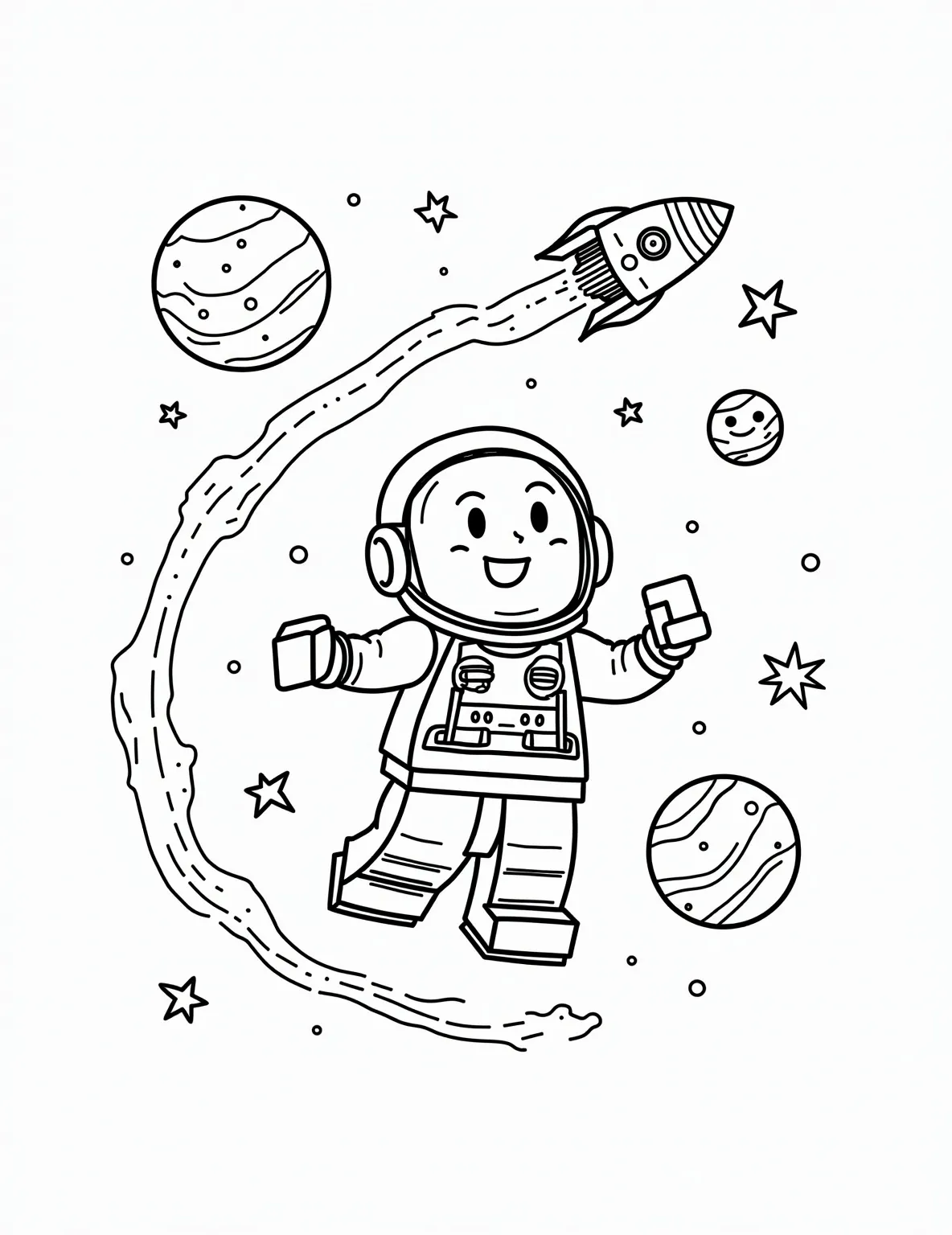 Lego Space Explorer Coloring Page -- prompt: "black lines only Chunky Lego astronaut with oversized helmet floats amidst swirling star patterns. Playful planets with smiley faces orbit nearby. Retro rocket ship zooms past, leaving dotted trail. Bold outlines define each element, inviting colorful imagination. Empty spaces await vibrant hues. Fun space adventure flat black lines, premium coloring page, coloring sheet, line drawing, Coloring Book, NO COLOR, NO SHADING, WHITE BACKGROUND. NO GRAY, BLACK AND WHITE, NO COLOR" -- Blast off into a world of imagination with this Lego space explorer coloring page. The page showcases a Lego astronaut floating in space, surrounded by stars, planets, and a futuristic spaceship. It's an out-of-this-world coloring adventure for aspiring astronauts and sci-fi enthusiasts.