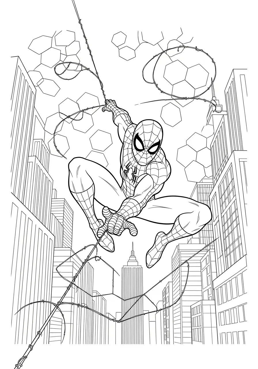 Spiderman's Amazing Web Creation Coloring Page -- prompt: "black lines only Close-up Spiderman spinning geometric web between towering skyscrapers, bold black outlines, clean line art, hexagonal and diamond patterns, empty spaces ready for coloring, cheerful superhero pose, simplified cartoon style, thick boundaries, coloring book page design flat black lines, premium coloring page, coloring sheet, line drawing, Coloring Book, NO COLOR, NO SHADING, WHITE BACKGROUND. NO GRAY, BLACK AND WHITE, NO COLOR" -- This intricate design focuses on one of Spiderman's most fascinating abilities - his web creation - featuring complex geometric patterns and architectural details. Advanced colorists will love the challenge of bringing the elaborate web structures to life with their own color interpretations. The mathematical beauty of the web patterns makes this both an artistic and educational experience.