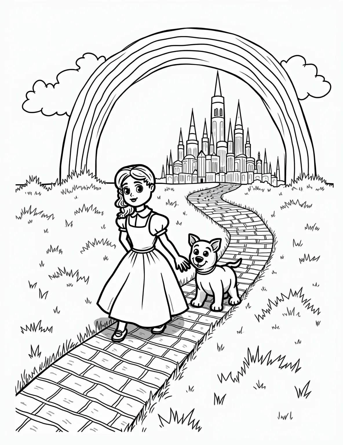 Over the Rainbow Wizard of Oz Coloring Page -- prompt: "black lines only Cartoon Dorothy and Toto stroll along thick, curvy yellow brick road. Emerald City's towers sparkle in distance. Oversized rainbow arches overhead. Chunky outlines define characters and scenery. Simple shapes and patterns fill spaces, awaiting vibrant colors. Cheerful, adventure-ready scene invites coloring enthusiasts. flat black lines, premium coloring page, coloring sheet, line drawing, Coloring Book, NO COLOR, NO SHADING, WHITE BACKGROUND. NO GRAY, BLACK AND WHITE, NO COLOR" -- Inspired by the classic film, this page features Dorothy and Toto on the yellow brick road, with a vibrant rainbow arching overhead. Emerald City shimmers in the distance. It's a nostalgic and magical page for fans of this beloved story.