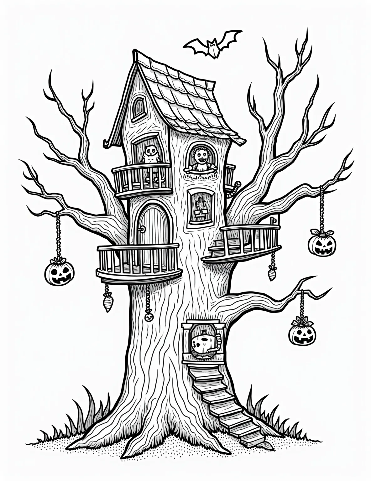 Spooky Tree House Halloween Party Coloring Page -- prompt: "black lines only Outline-style coloring page featuring gnarled tree with multi-tiered treehouse. Jack-o'-lanterns grin from branches. Costumed children and friendly monsters frolic on balconies. Cobwebs drape railings. Bats circle above. Trick-or-treat bags overflow with candy. Spooky yet playful atmosphere for Halloween fun. flat black lines, premium coloring page, coloring sheet, line drawing, Coloring Book, NO COLOR, NO SHADING, WHITE BACKGROUND. NO GRAY, BLACK AND WHITE, NO COLOR" -- Discover the ultimate Halloween hideout in this imaginative coloring page. A massive, gnarled tree serves as the backdrop for a multi-level tree house decked out in Halloween decorations, where friendly monsters and costumed kids alike enjoy a festive party. This intricate scene offers plenty of details to color and explore, making it suitable for older children and adults.