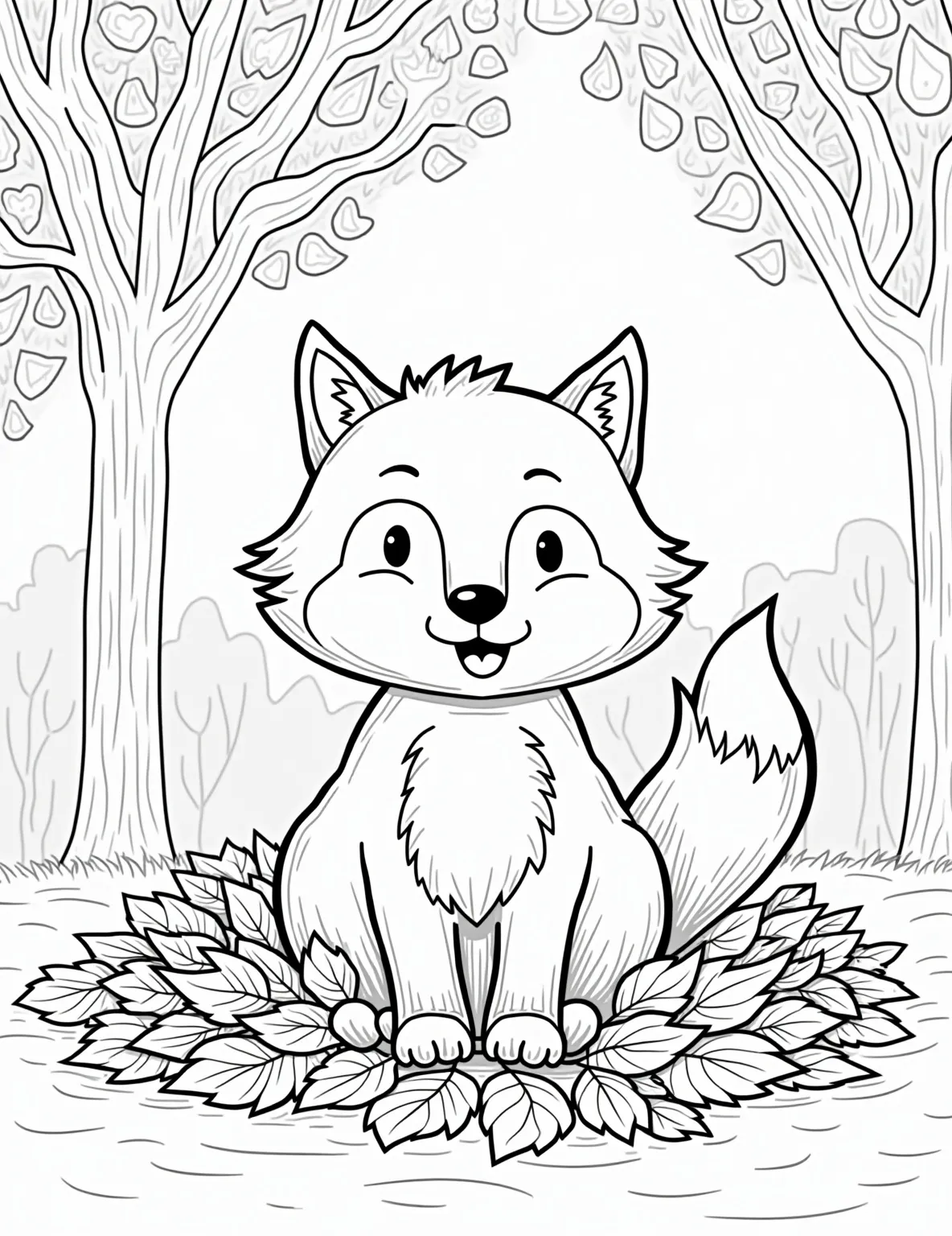 Elegant Fox in Autumn Leaves -- prompt: "black lines only A playful fox nestled in a vibrant pile of autumn leaves, outlined boldly for easy coloring. Surrounding trees with simple, wavy branches shed stylized heart-shaped leaves. Background features basic geometric shapes representing a forest. Thick lines define all elements, creating a fun, child-friendly coloring page design. flat black lines, premium coloring page, coloring sheet, line drawing, Coloring Book, NO COLOR, NO SHADING, WHITE BACKGROUND. NO GRAY, BLACK AND WHITE, NO COLOR" -- Capture the essence of fall with this beautiful coloring page. A graceful fox sits amidst a pile of autumn leaves, with its bushy tail curled around its body. The background features trees with falling leaves, creating a serene autumnal scene.