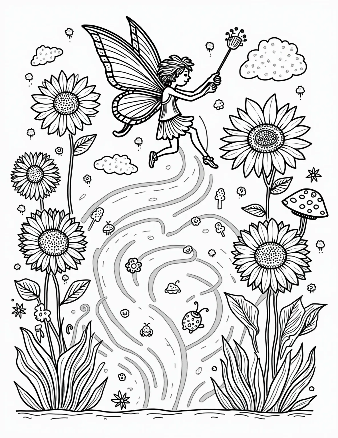 Playful Pixie's Garden Adventure Coloring Page -- prompt: "black lines only Mischievous pixie with butterfly wings zips through garden maze. Giant daisies, sunflowers, and mushrooms create playful obstacles. Chunky outlines define each element. Leaves curl into spirals. Dotted paths guide coloring. Smiling insects peek from behind petals. Watering can sprinkles magic dust. flat black lines, premium coloring page, coloring sheet, line drawing, Coloring Book, NO COLOR, NO SHADING, WHITE BACKGROUND. NO GRAY, BLACK AND WHITE, NO COLOR" -- Join a mischievous pixie on a delightful garden escapade with this charming coloring page. The tiny fairy zips between oversized flowers and leaves, creating a fun sense of scale. This page is perfect for younger colorists, with its simpler lines and cute, cartoon-style design.