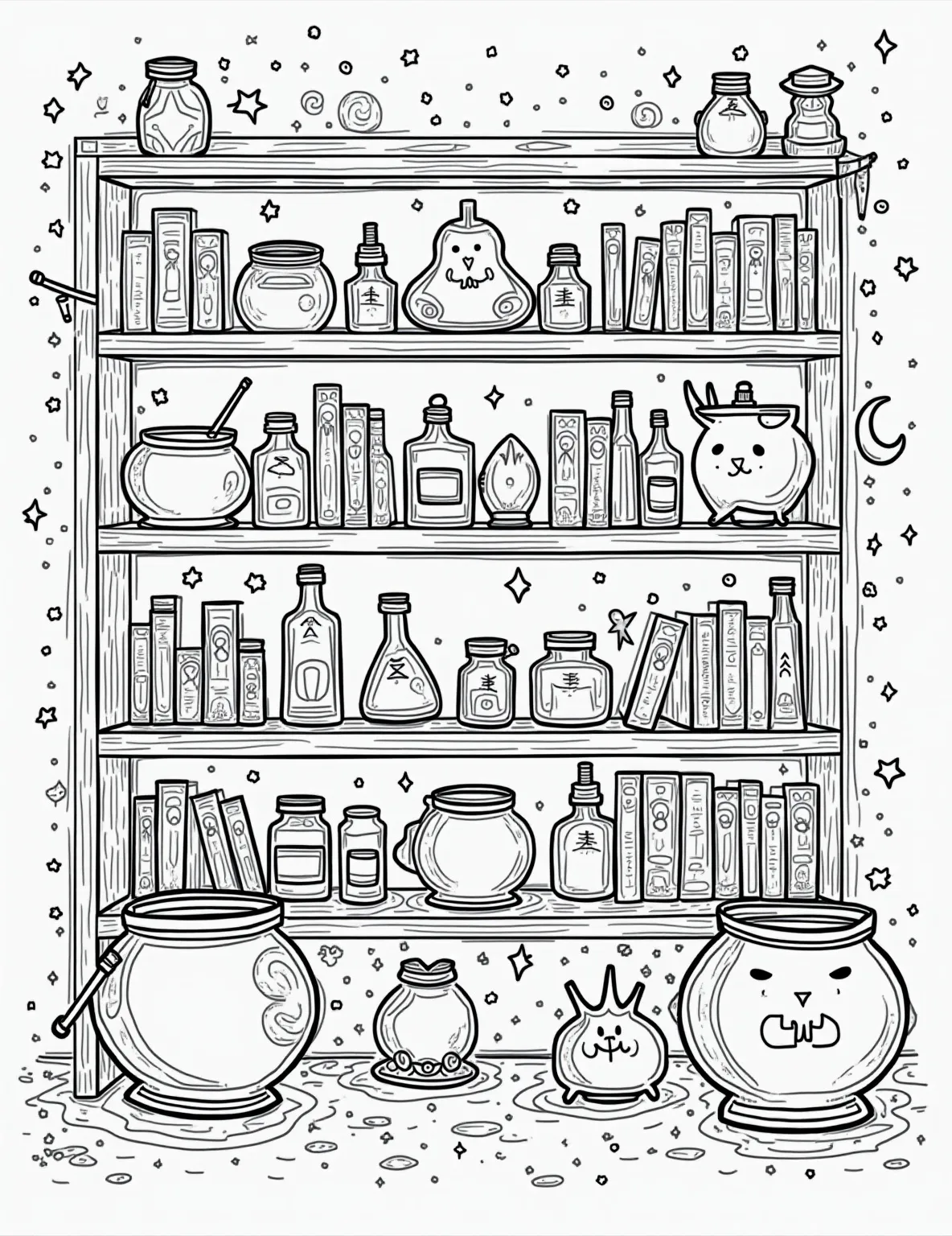 Witch's Magical Bookshop -- prompt: "black lines only Playful witch's bookshop coloring page. Chunky outlines frame floating spell books, swirling potion bottles, and a mischievous black cat. Shelves overflow with wands, crystal balls, and quirky magical trinkets. Bold patterns adorn cauldrons and spell ingredients. Whimsical stars and moons decorate flat black lines, premium coloring page, coloring sheet, line drawing, Coloring Book, NO COLOR, NO SHADING, WHITE BACKGROUND. NO GRAY, BLACK AND WHITE, NO COLOR" -- Step into a world of wonder with this intricate coloring page showcasing a witch's enchanted bookshop. Filled with floating spell books, magical artifacts, and mischievous familiars, this scene is perfect for those who love detailed, whimsical artwork. It's an ideal choice for adults or older children who enjoy losing themselves in fantastical worlds.