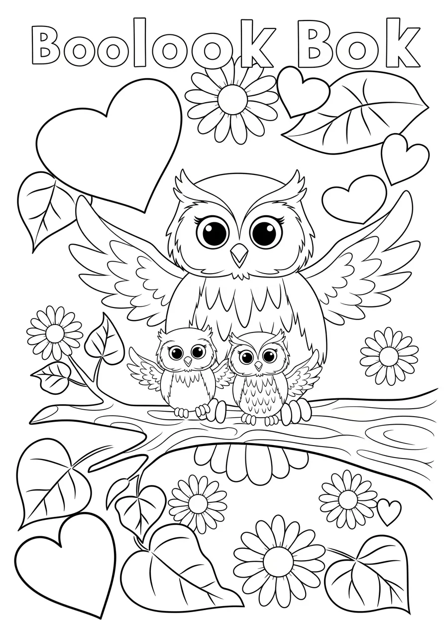 Valentine Owl Family Coloring Page -- prompt: "black lines only A cheerful owl family sits on a sturdy tree branch surrounded by bold heart-shaped leaves and blooming daisies, simple black outlines perfect for children's coloring, clean cartoon style with large friendly eyes and smiling beaks flat black lines, premium coloring page, coloring sheet, line drawing, Coloring Book, NO COLOR, NO SHADING, WHITE BACKGROUND. NO GRAY, BLACK AND WHITE, NO COLOR" -- Two parent owls and their baby create an adorable family scene perched on a branch decorated with heart-shaped leaves. Each owl has detailed feather patterns and large expressive eyes that bring personality to the design. Small hearts and flowers scattered around the branch add romantic touches to this family-friendly page.