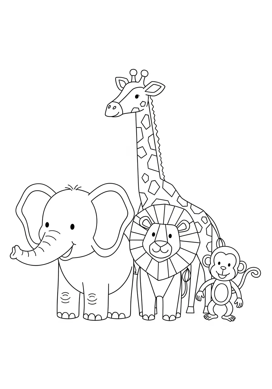 Shape Animal Zoo Parade Coloring Page -- prompt: "black lines only Joyful zoo parade marches across the page featuring smiling elephant with circular body, tall giraffe with triangular spots, proud lion with rectangular mane, playful monkey with oval limbs, bold black outlines ready for bright crayons and cheerful coloring adventures flat black lines, premium coloring page, coloring sheet, line drawing, Coloring Book, NO COLOR, NO SHADING, WHITE BACKGROUND. NO GRAY, BLACK AND WHITE, NO COLOR" -- Welcome to the most unique zoo where all the animals are made of shapes! From the circular elephant to the triangular giraffe, each animal friend showcases different geometric forms. This playful design helps children learn shapes while enjoying their favorite zoo animals.