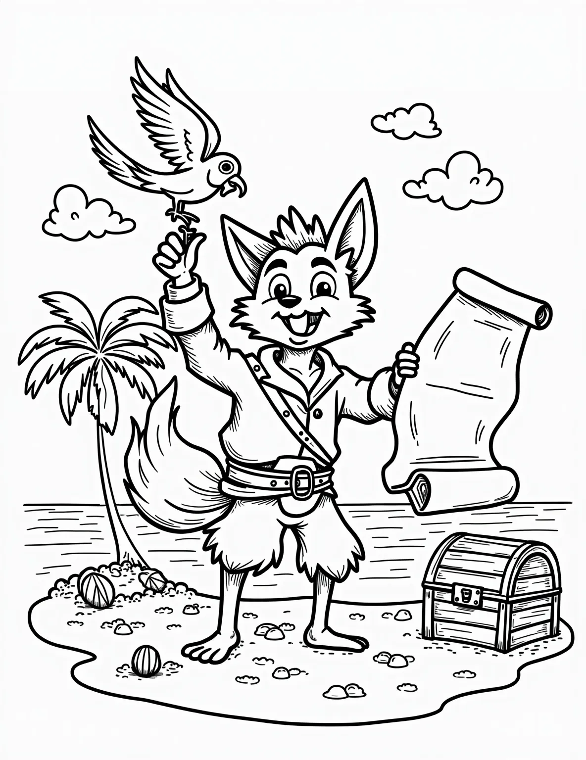 Fox Pirate on a Treasure Hunt -- prompt: "black lines only Playful fox pirate with eyepatch and bandana, clutching treasure map. Colorful parrot perched on shoulder. Bold outlines, simple shapes. Large empty spaces for coloring. Hidden objects: compass, shells, coconuts. Tropical island background. Jolly Roger flag waving. Treasure chest peeking from sand. flat black lines, premium coloring page, coloring sheet, line drawing, Coloring Book, NO COLOR, NO SHADING, WHITE BACKGROUND. NO GRAY, BLACK AND WHITE, NO COLOR" -- Adventure awaits in this exciting coloring page featuring a fox as a pirate. Complete with an eye patch, bandana, and treasure map, the fox is on a quest for buried treasure. A parrot on its shoulder adds to the pirate theme.