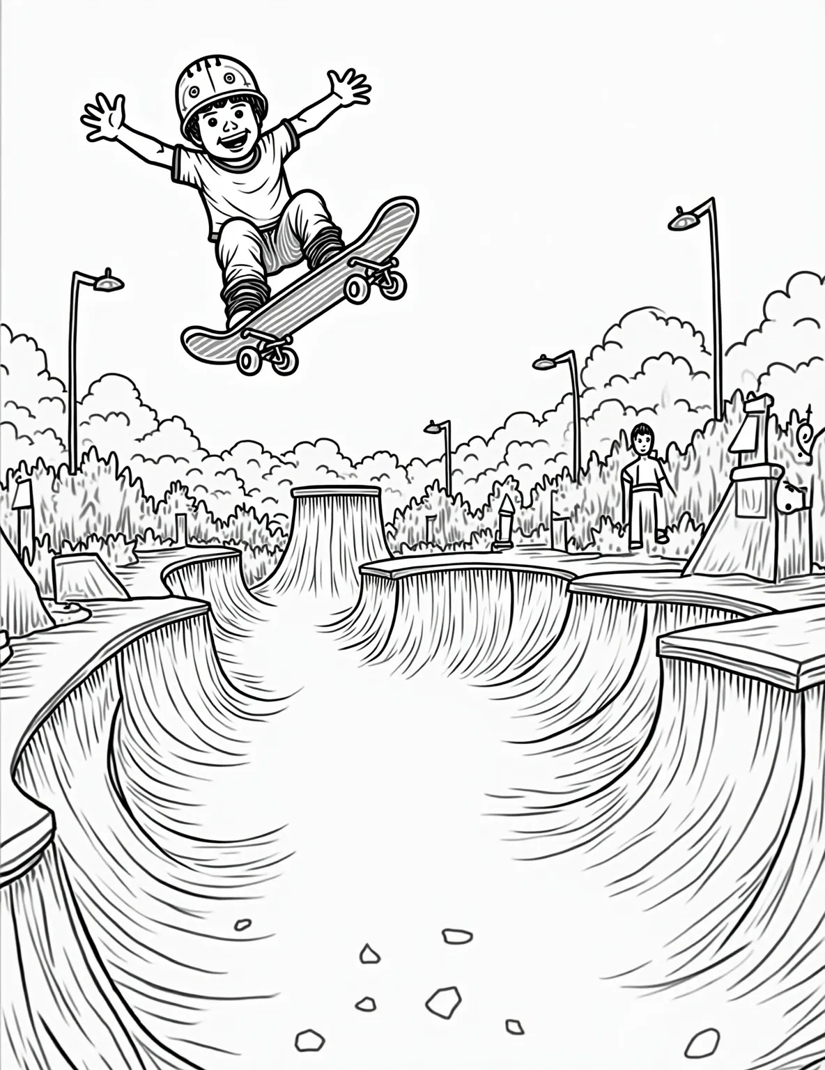 Extreme Sports Skateboard Park Coloring Page -- prompt: "black lines only Bold outlines frame a dynamic skate park scene. A young boy soars mid-trick, skateboard beneath him. Surrounding ramps, rails, and fellow skaters await coloring. Simple, chunky shapes form obstacles and figures. Dotted lines suggest motion paths. Empty spaces invite creative embellishment. flat black lines, premium coloring page, coloring sheet, line drawing, Coloring Book, NO COLOR, NO SHADING, WHITE BACKGROUND. NO GRAY, BLACK AND WHITE, NO COLOR" -- Get ready for some radical action with this extreme sports skateboard park coloring page! It features a boy pulling off an impressive aerial trick in a bustling skate park. This page is ideal for boys who love skateboarding and extreme sports, offering plenty of cool details to color.