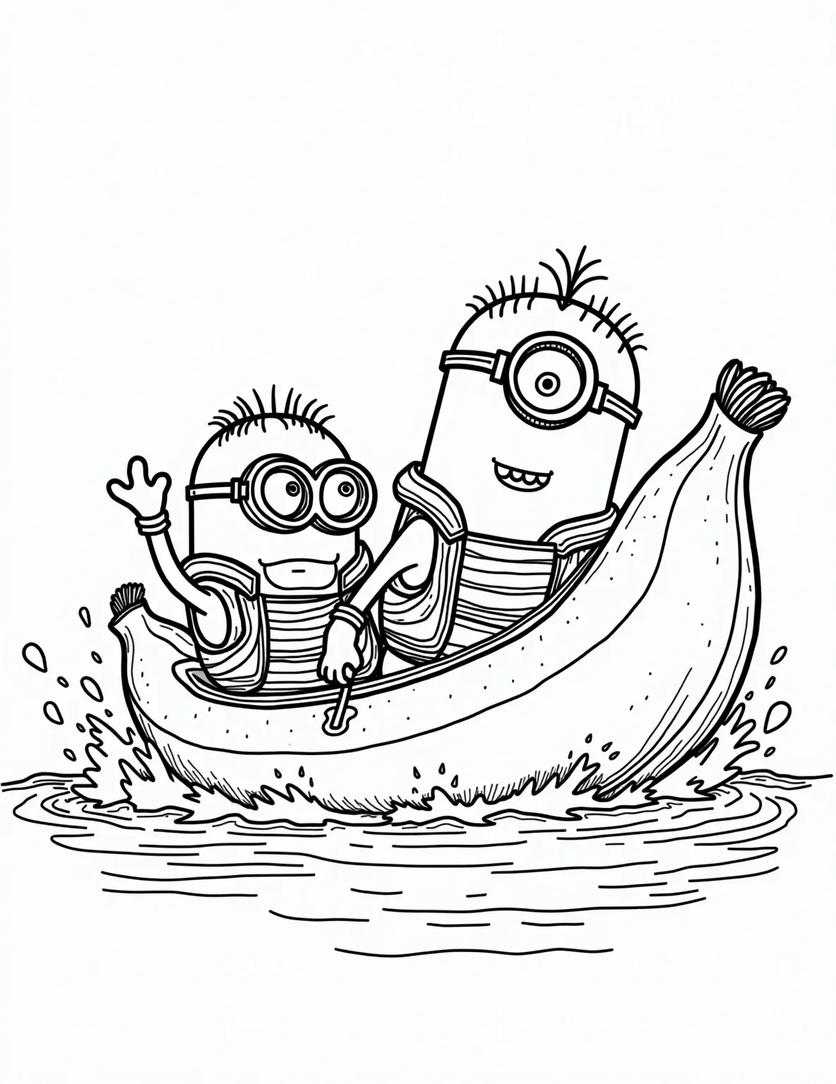 Minion Banana Boat Race -- prompt: "black lines only Cheerful Minions navigate banana-shaped boats on a rippling lake. Bold outlines define their goggled faces, striped life jackets, and exaggerated splashes. Simple, clean shapes perfect for coloring. Playful scene bursts with energy, inviting creative expression through vibrant hues and patterns. flat black lines, premium coloring page, coloring sheet, line drawing, Coloring Book, NO COLOR, NO SHADING, WHITE BACKGROUND. NO GRAY, BLACK AND WHITE, NO COLOR" -- Get ready for a splashing good time with this exciting Minion coloring page! Watch as our favorite yellow friends compete in a hilarious banana boat race across a crystal-clear lake. This page is perfect for kids who love water sports and Minion mayhem.